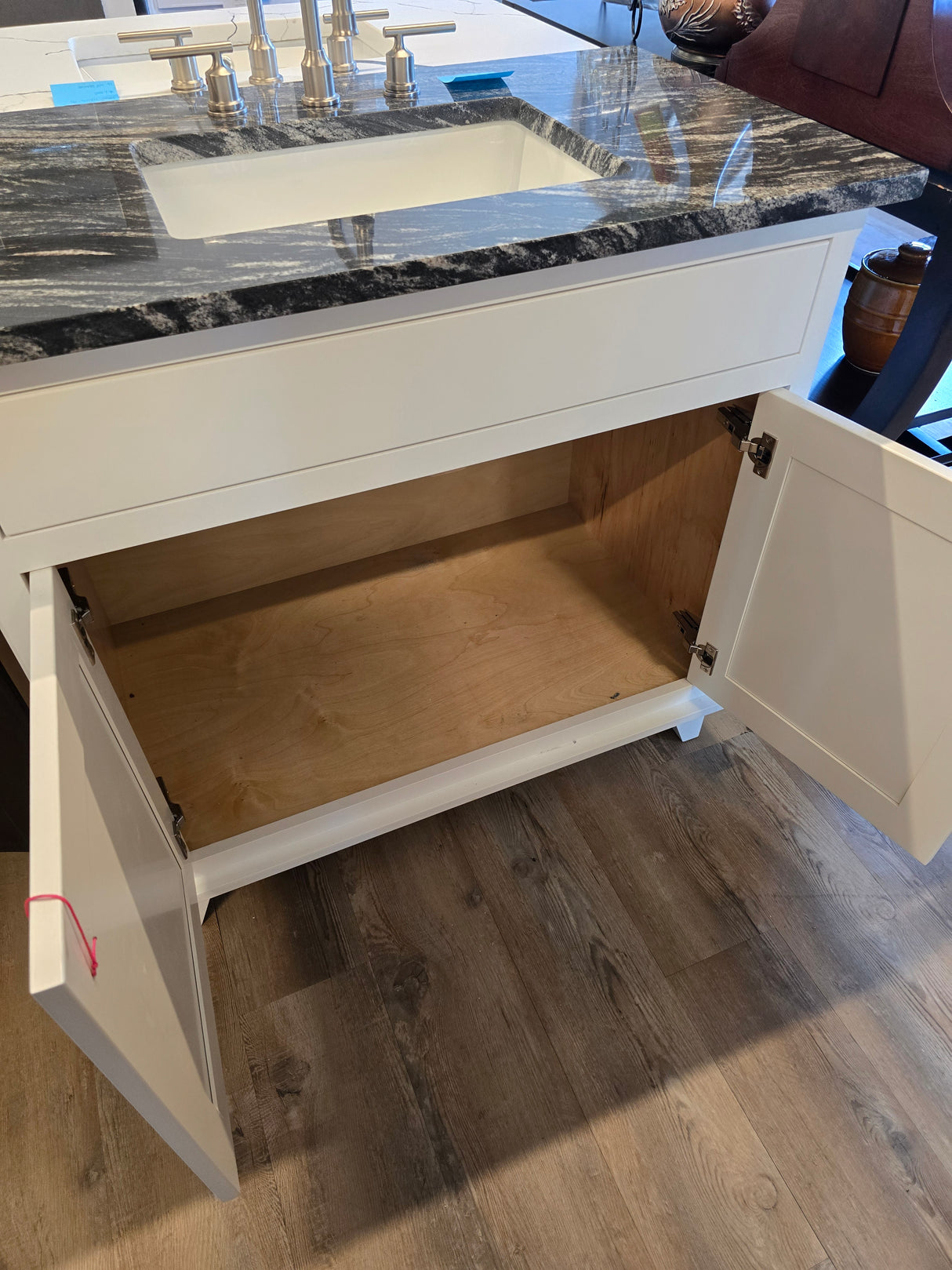 36" Versiniti White Shaker Vanity with Black Forrest Quartz Top and Brushed Nickel Faucet