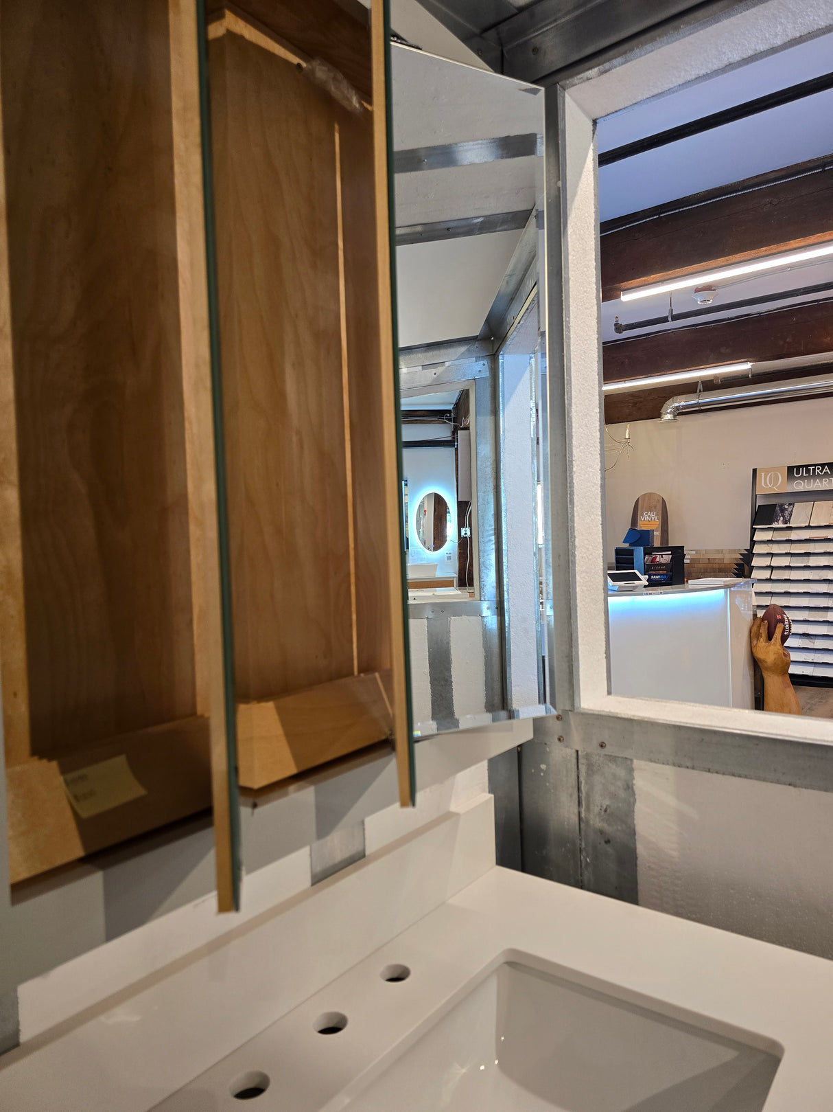 30" Light Grey Bertch Vanity with Quartz Top and Matching Medicine Cabinet