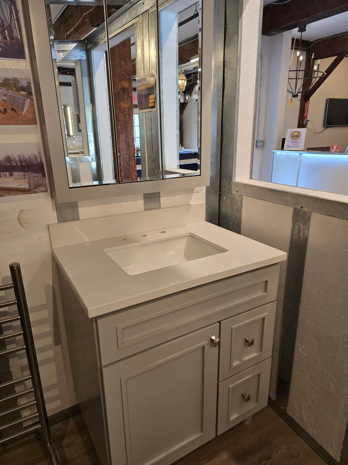 30" Light Grey Bertch Vanity with Quartz Top and Matching Medicine Cabinet