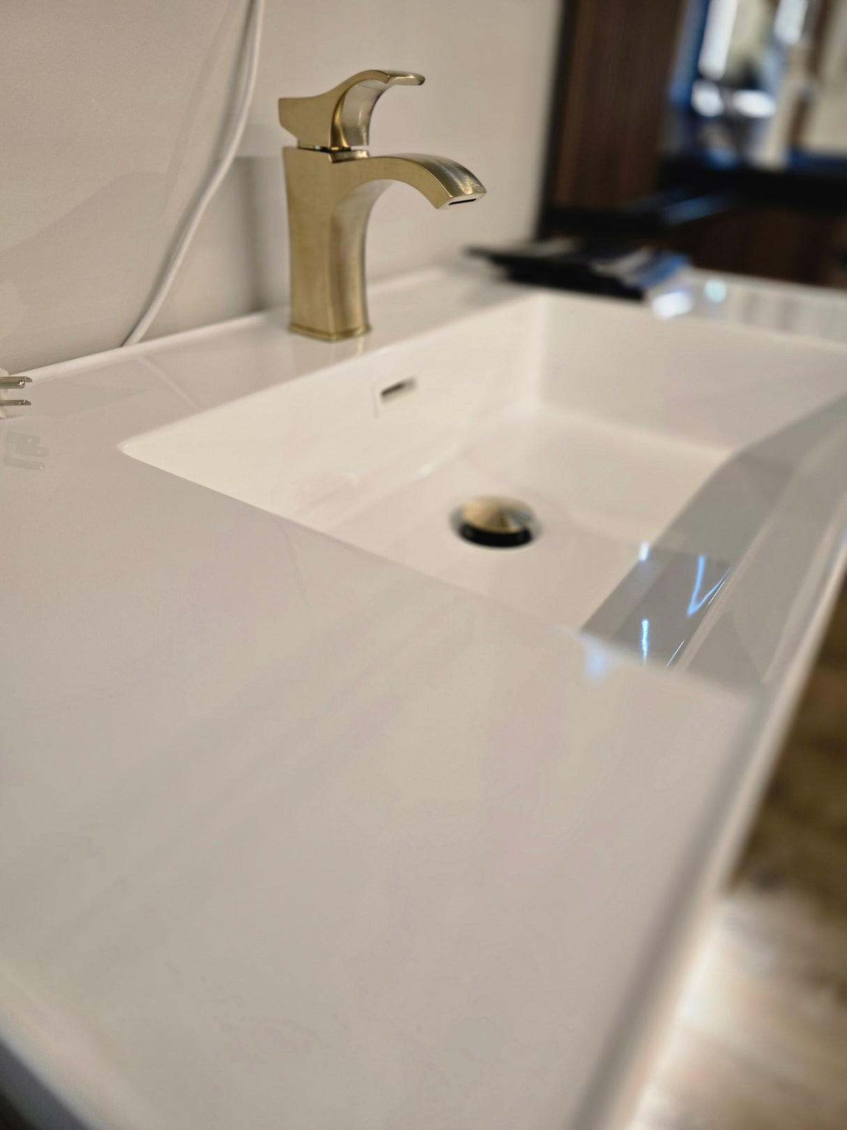 36" Capri Classic Oak Vanity with an Acrylic Basin, Brushed Gold Pfister Faucet, and an *Optional* LED Mirror