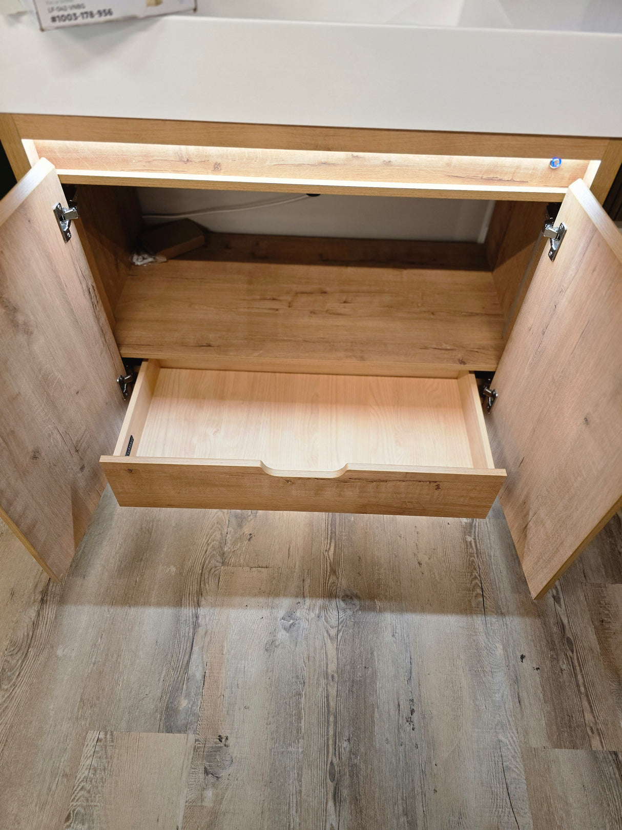 36" Capri Classic Oak Vanity with an Acrylic Basin, Brushed Gold Pfister Faucet, and an *Optional* LED Mirror