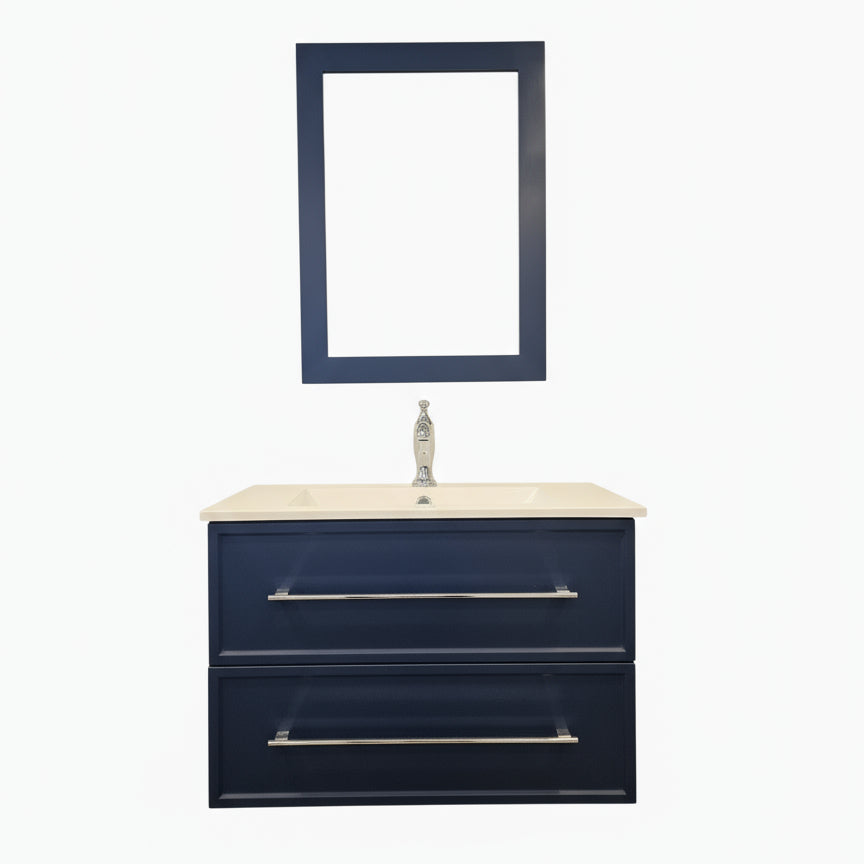 30" Cutler Wall-Mounted Vanity with Cultured Marble Top, Pfister Polished Chrome Faucet, and Mirror