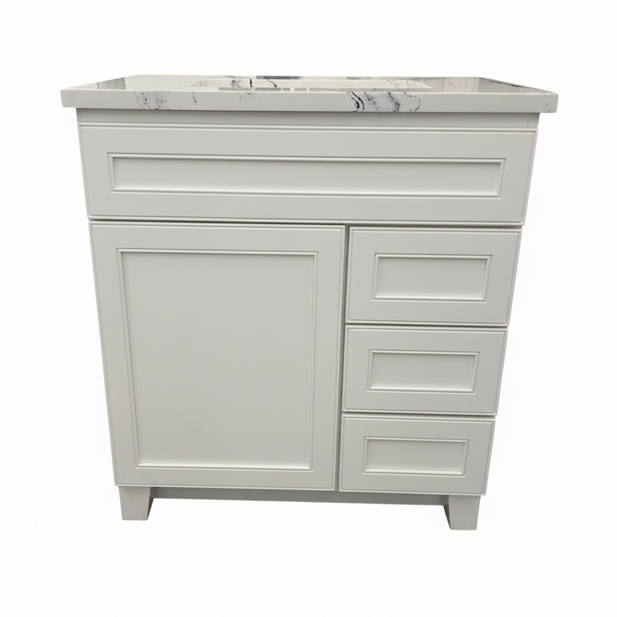 30" Bertch White Shaker Vanity Set with Cambria Portrush Quartz Top