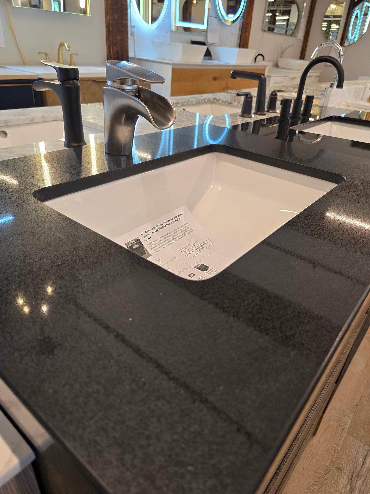 30" Dark, Natural Wood Vanity Set with Black Granite Top and Brushed Nickel Waterfall Faucet
