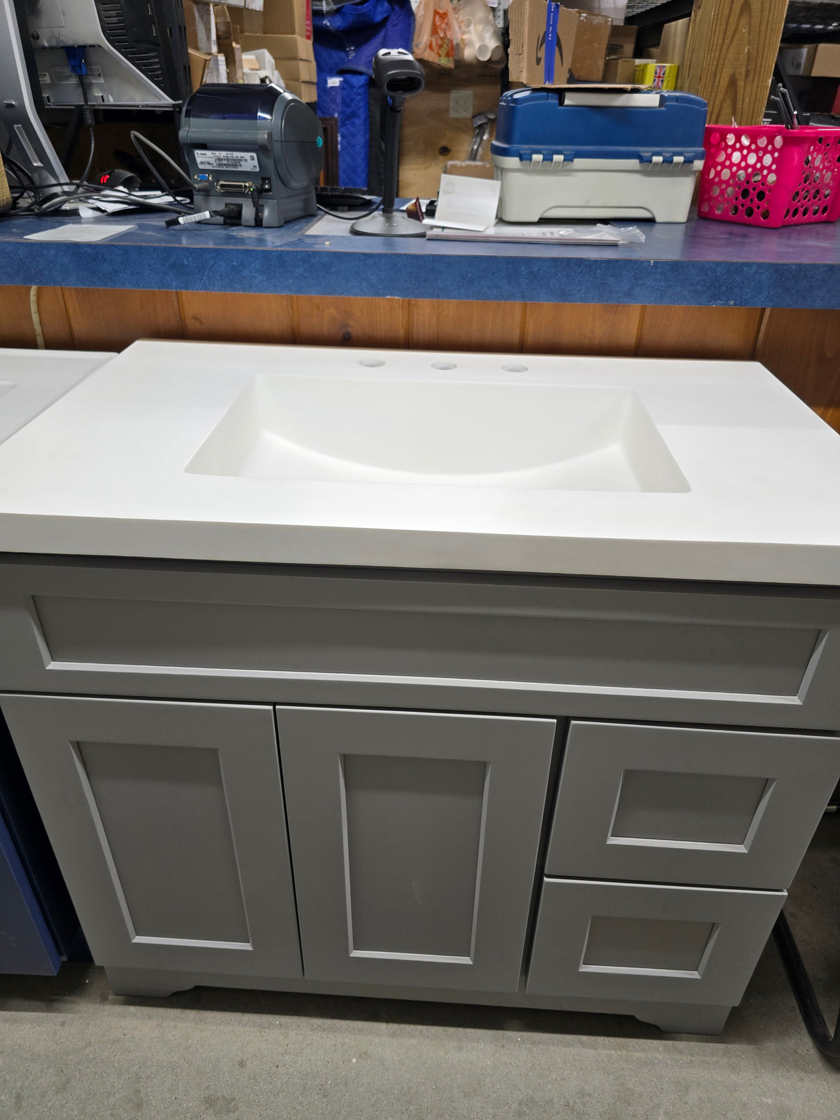 36" New England Home Goods Light Grey Vanity with Custom White Top