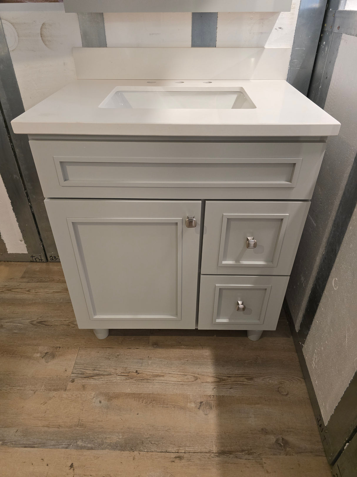 30" Light Grey Bertch Vanity with Quartz Top and Matching Medicine Cabinet