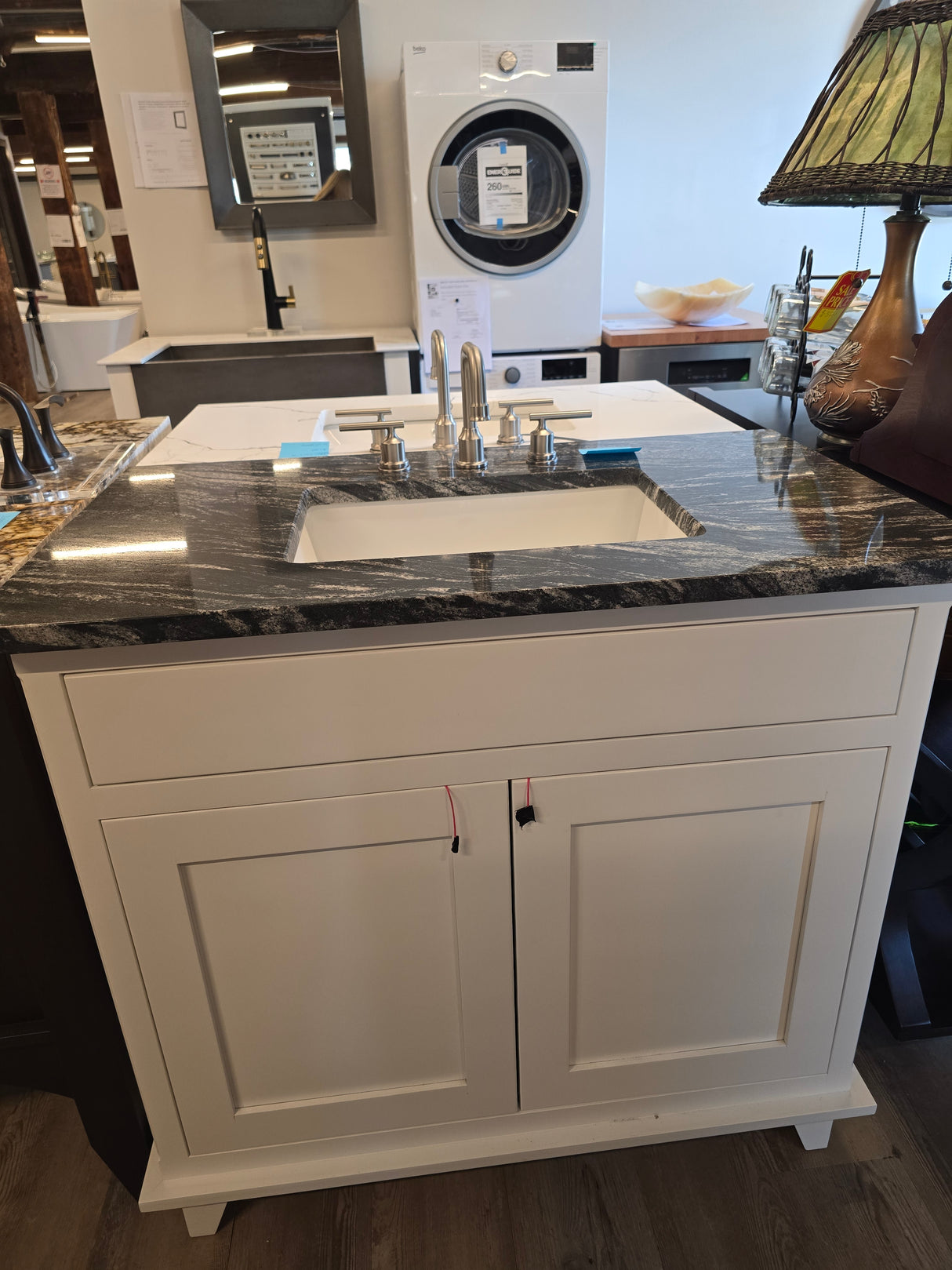 36" Versiniti White Shaker Vanity with Black Forrest Quartz Top and Brushed Nickel Faucet