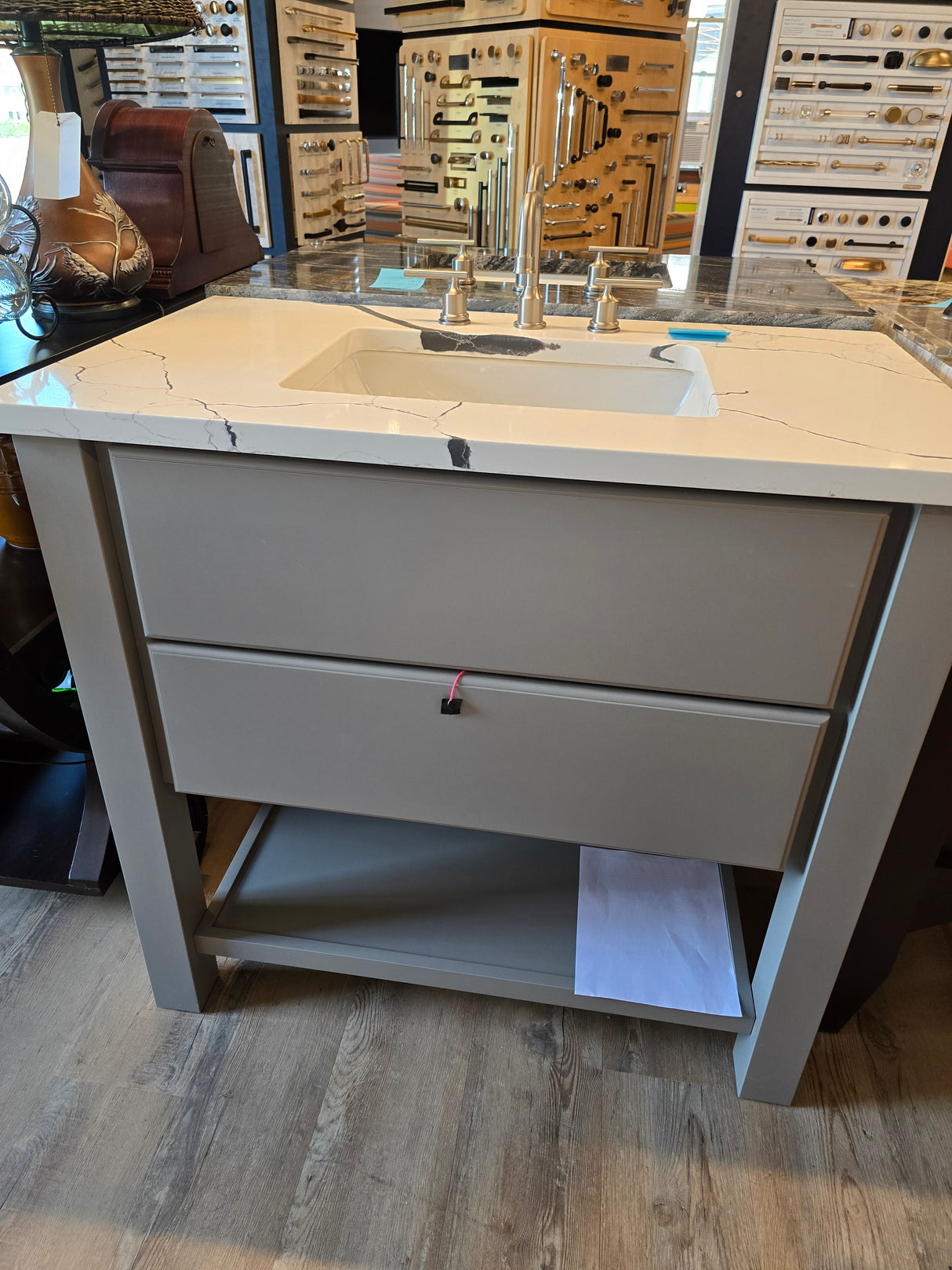 36" Versiniti Grey Modern Vanity with Pental Quartz Top and Brushed Nickel Faucet
