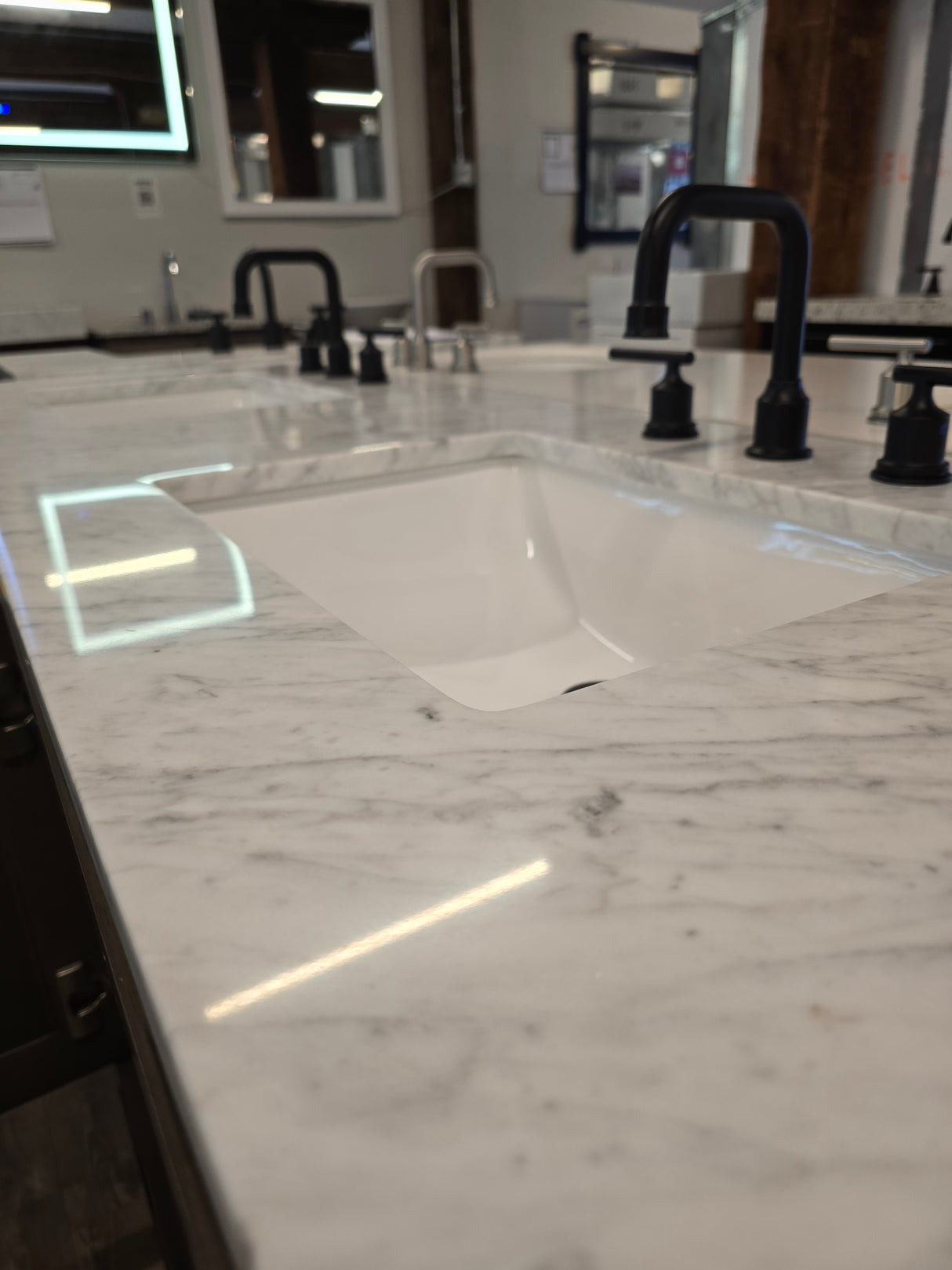 60" Toledo Double Bowl Vanity in Fairmont's Driftwood Grey with Marble Top and Two Black Faucets