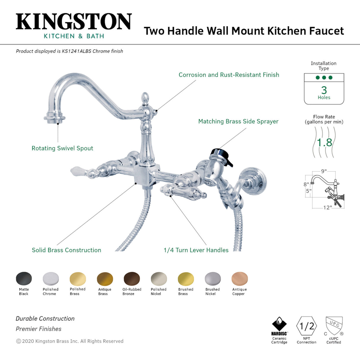 Kingston Brass KS1245ALBS Heritage Wall Mount Bridge Kitchen Faucet with Brass Spray, Oil Rubbed Bronze