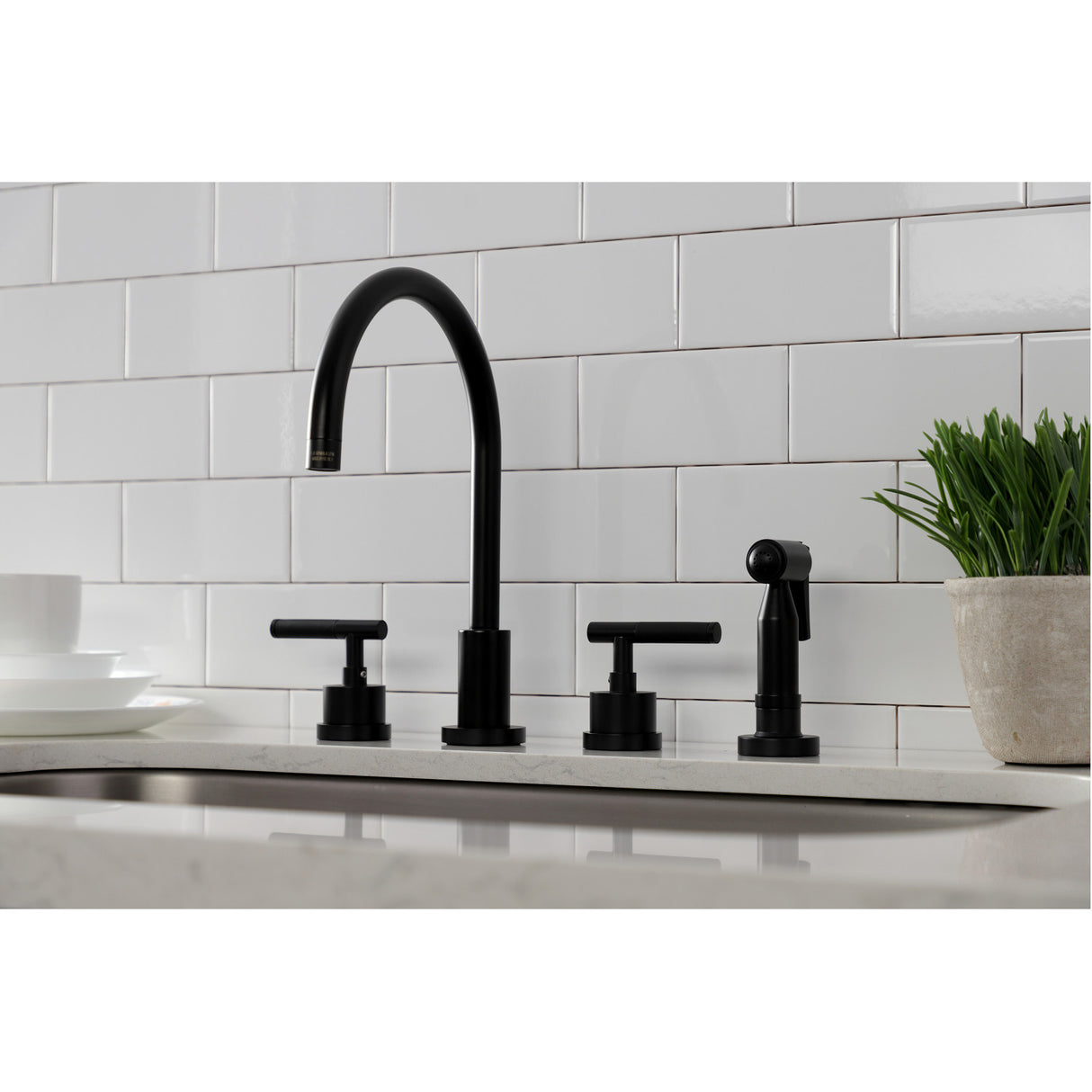 Kingston Brass KS8720CKLBS Kaiser Widespread Kitchen Faucet with Brass Sprayer, Matte Black