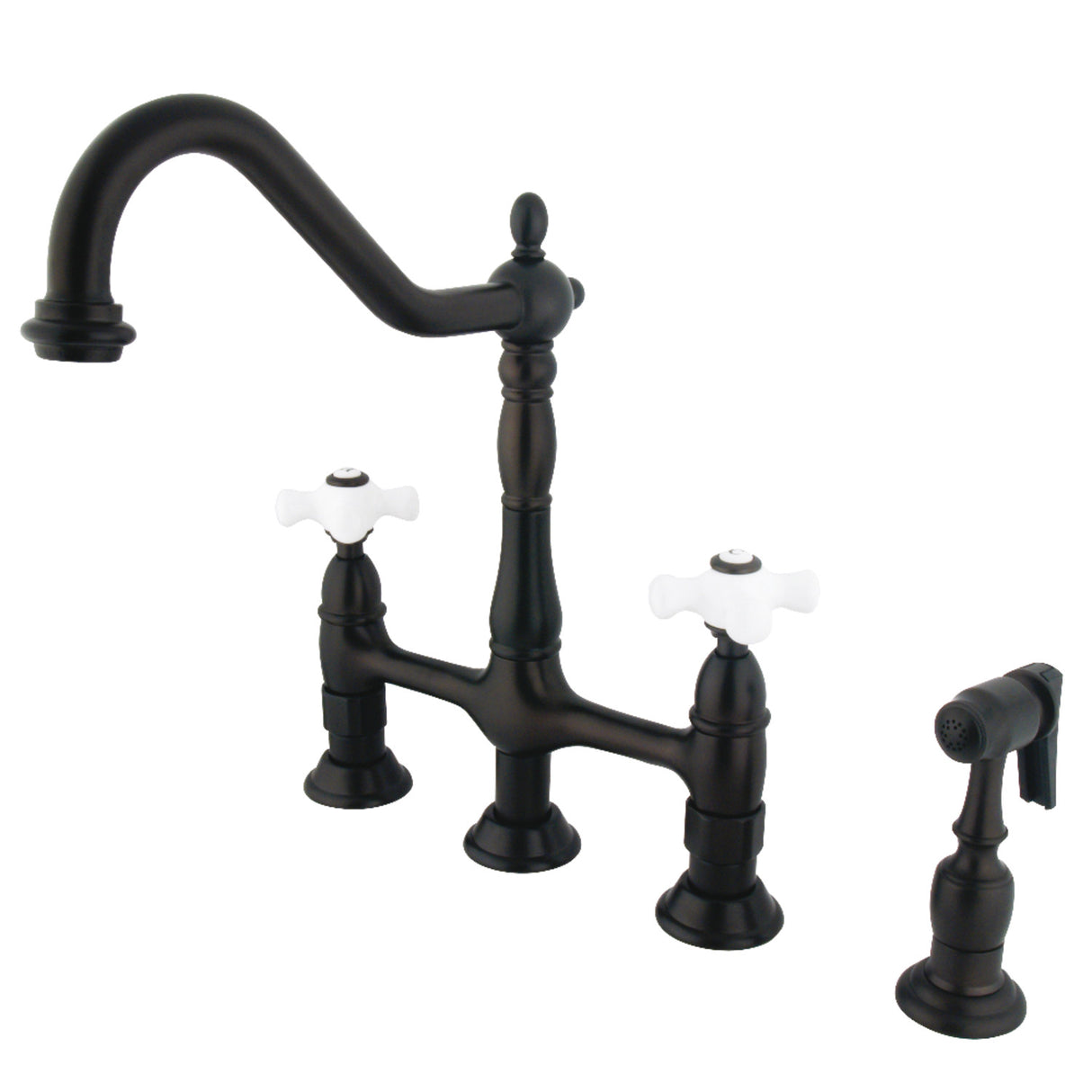 Kingston Brass KS1275PXBS Heritage Bridge Kitchen Faucet with Brass Sprayer, Oil Rubbed Bronze
