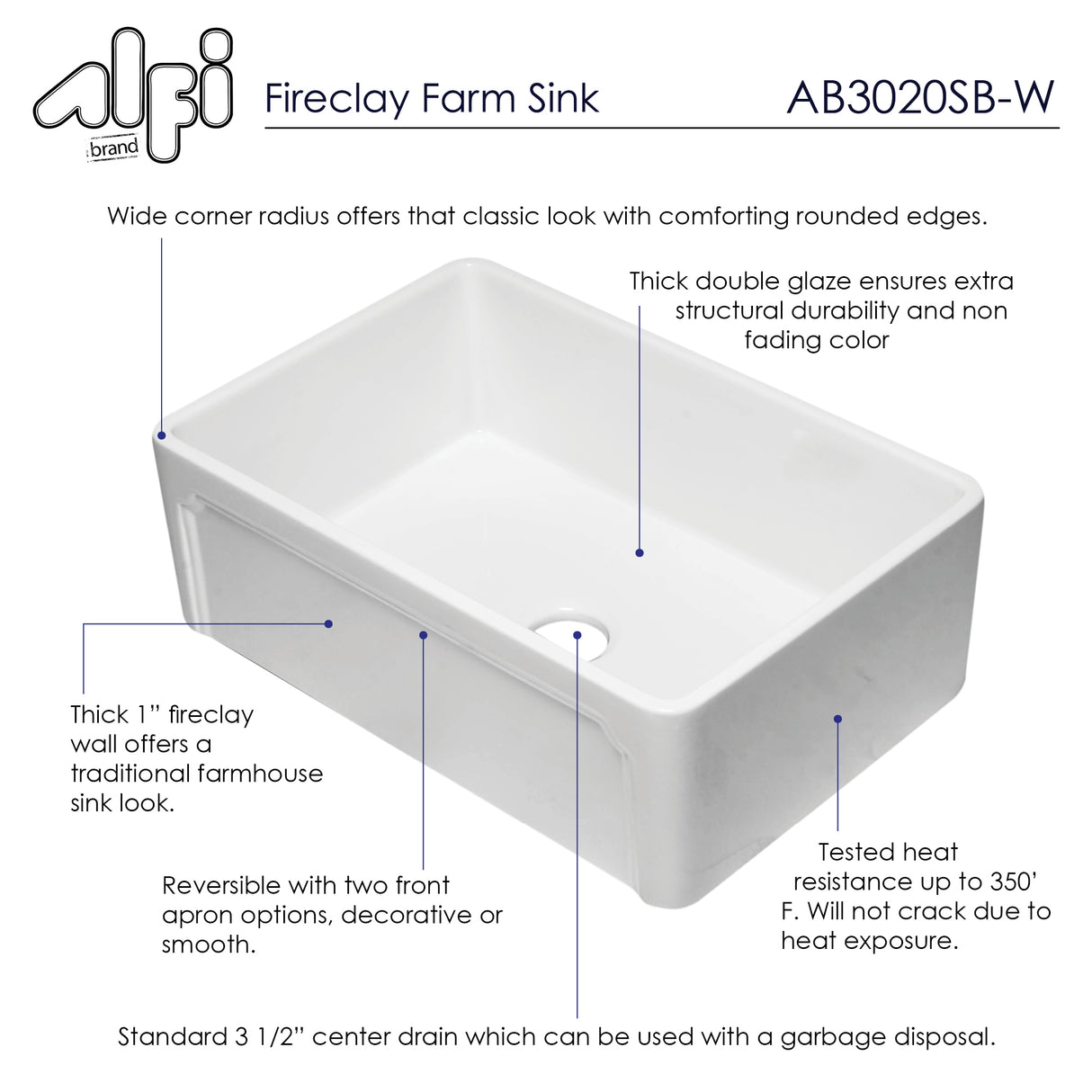 ALFI brand AB3020SB-W 30 inch White Reversible Single Fireclay Farmhouse Kitchen Sink