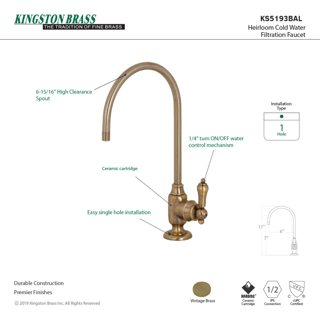 Kingston Brass KS5193BAL Heirloom Single-Handle Water Filtration Faucet, Antique Brass