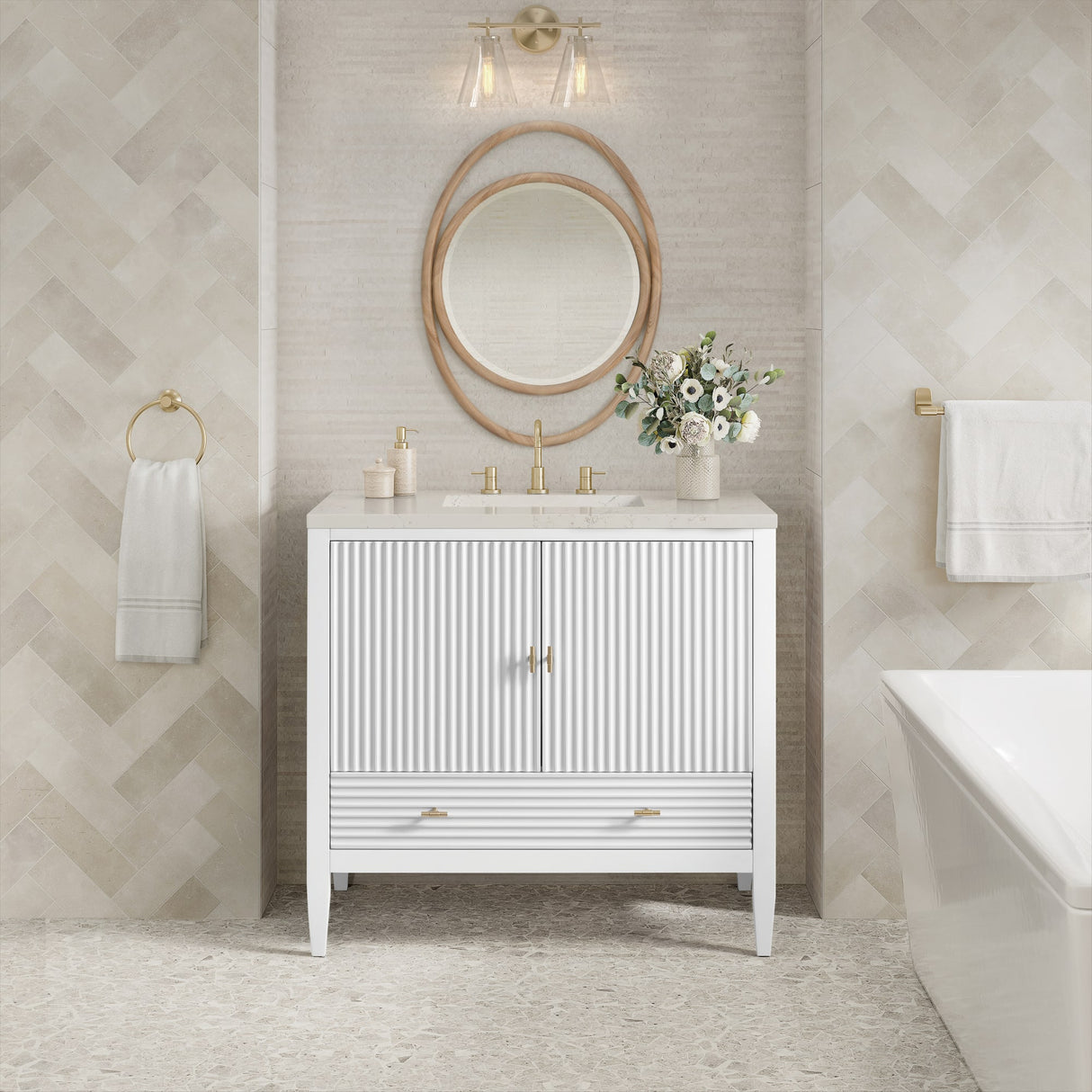 Myrrin 36" Vanity, Bright White, w/ 3 CM Siberian Silestone Top