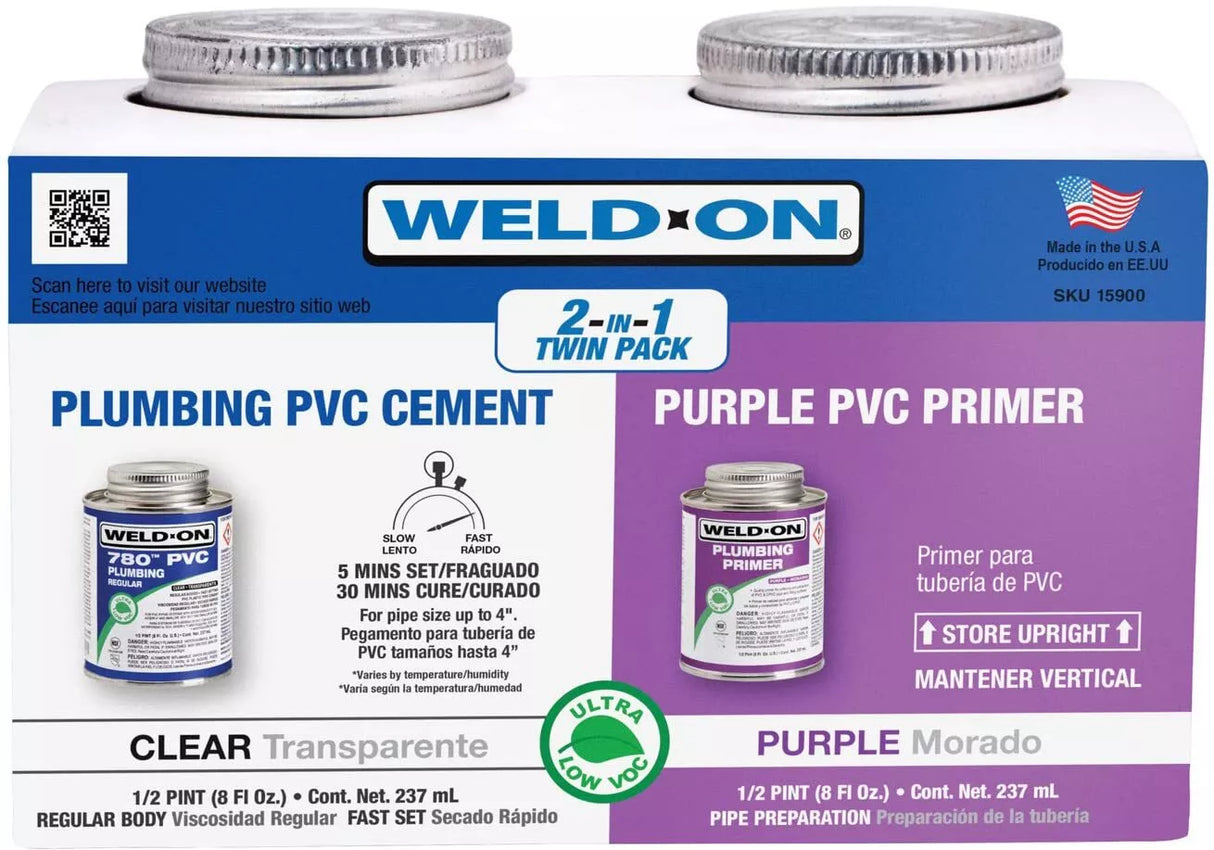Weld-On plumbing PVC cement and purple primer packaging with clear and purple labels.