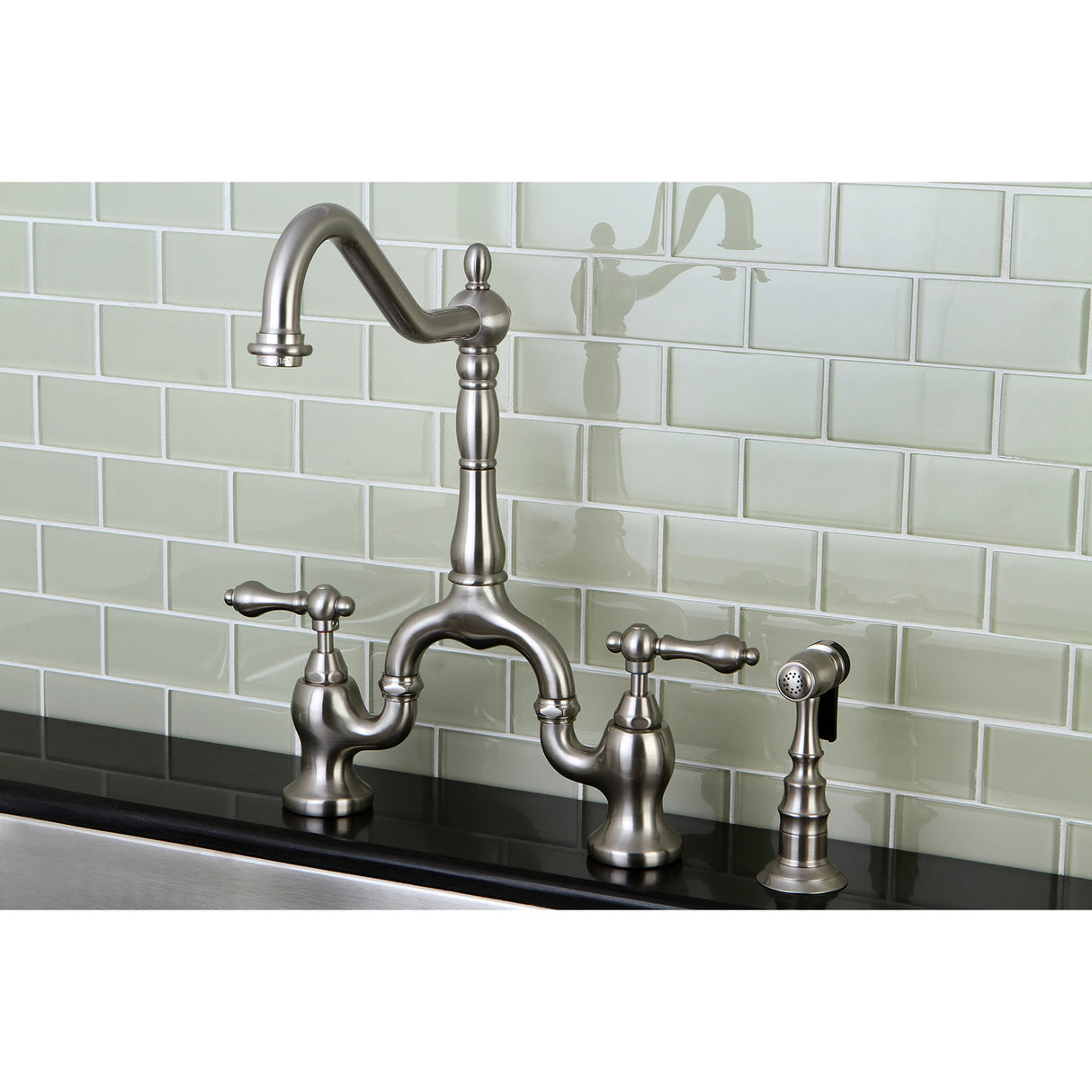 Kingston Brass KS7758ALBS English Country Kitchen Bridge Faucet with Brass Sprayer, Brushed Nickel