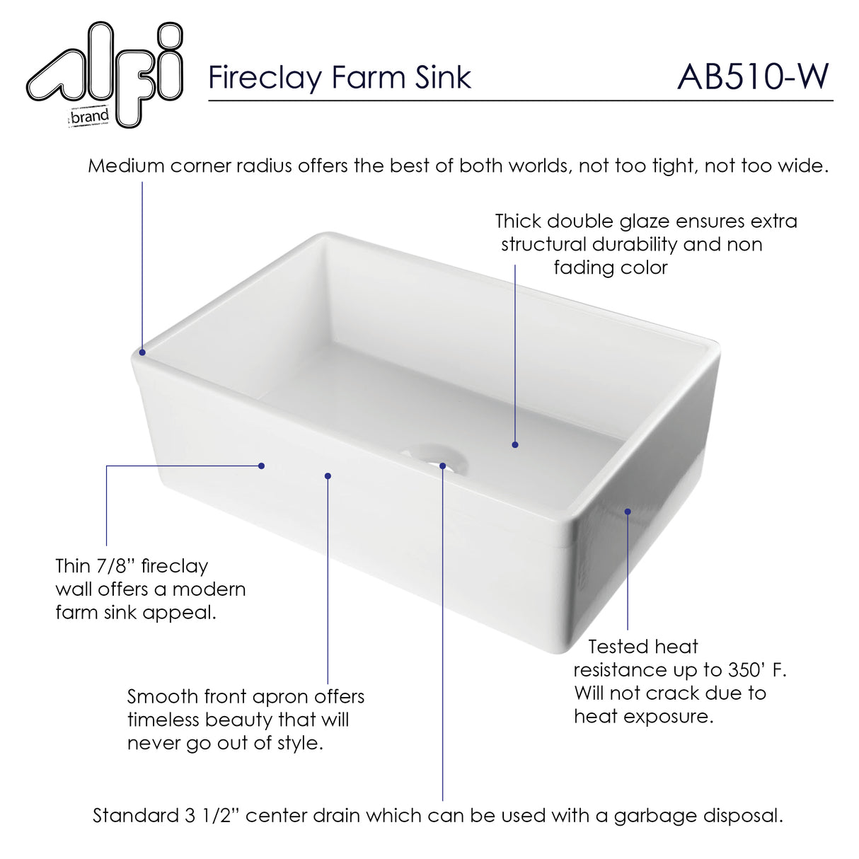 ALFI brand AB510-W White 30" Contemporary Smooth Apron Fireclay Farmhouse Kitchen Sink