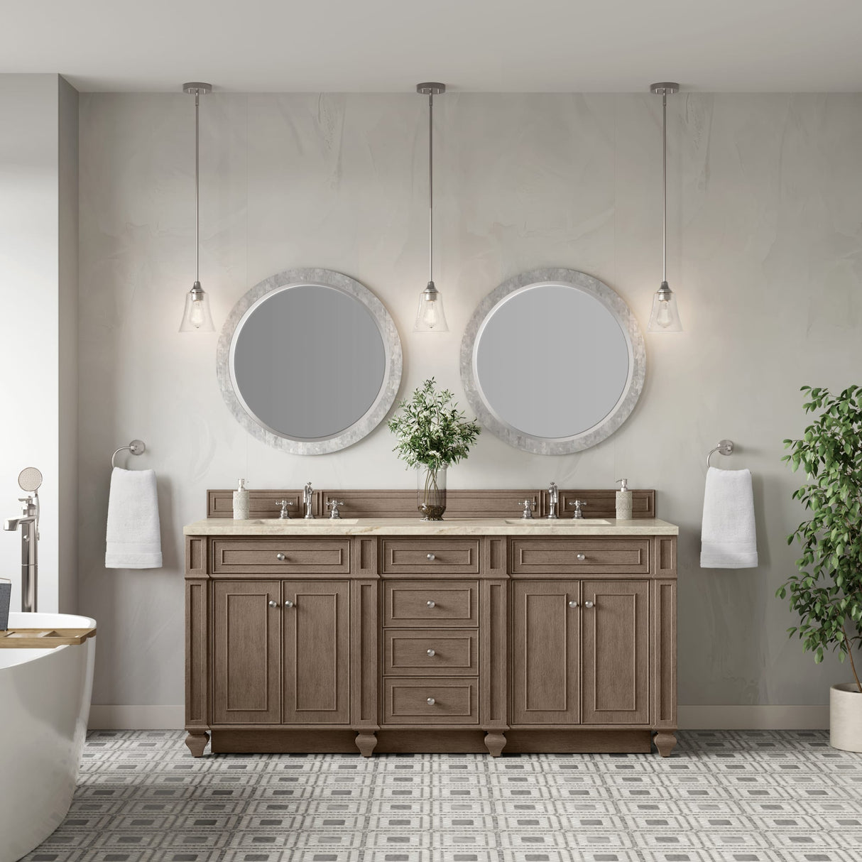 Bristol 72" Double Vanity, Whitewashed Walnut, w/ 3 CM Tajnar Eclos Top