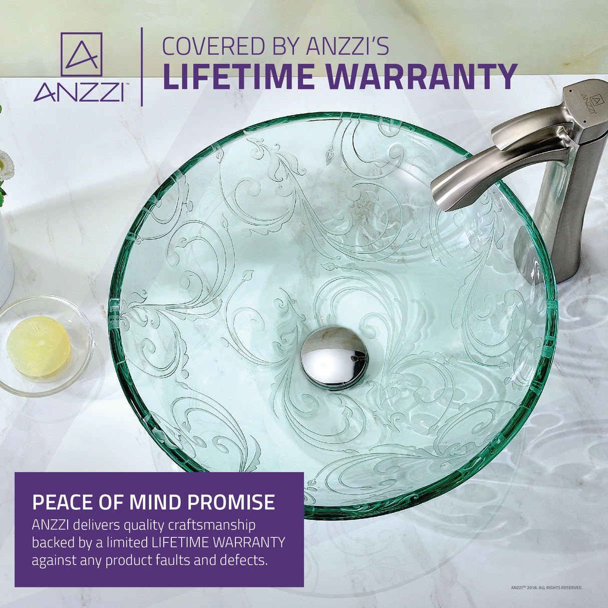 ANZZI S214 Kolokiki Series Vessel Sink with Pop-Up Drain in Crystal Clear Floral