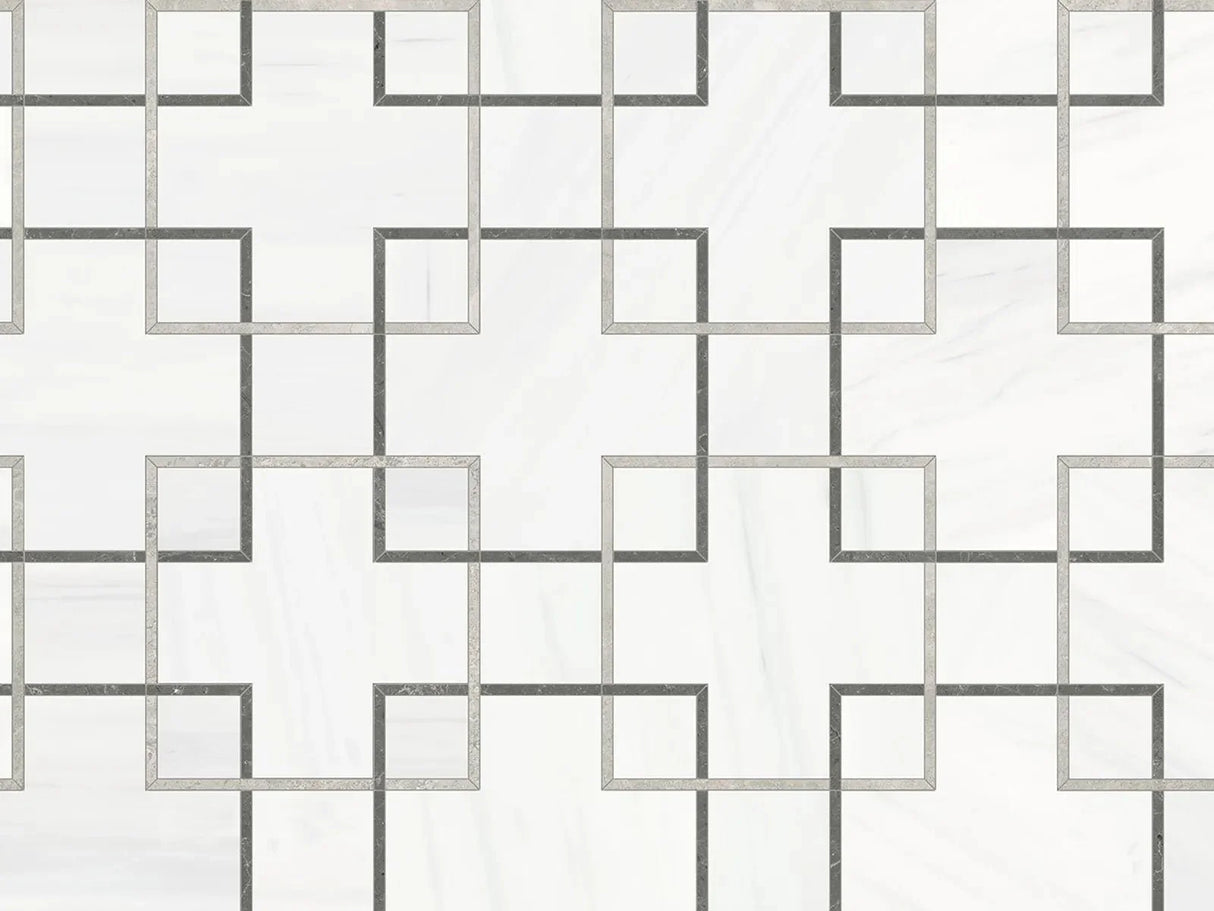 Anatolia Tile Utopio Schema Mist Honed W/ Polished Accents Natural Stone Waterjet Mosaic 5001-0379-0 Schema Mist - premium natural stone mosaic tile from Anatolia Tile, available at PoshHaus showroom in Keene, NH