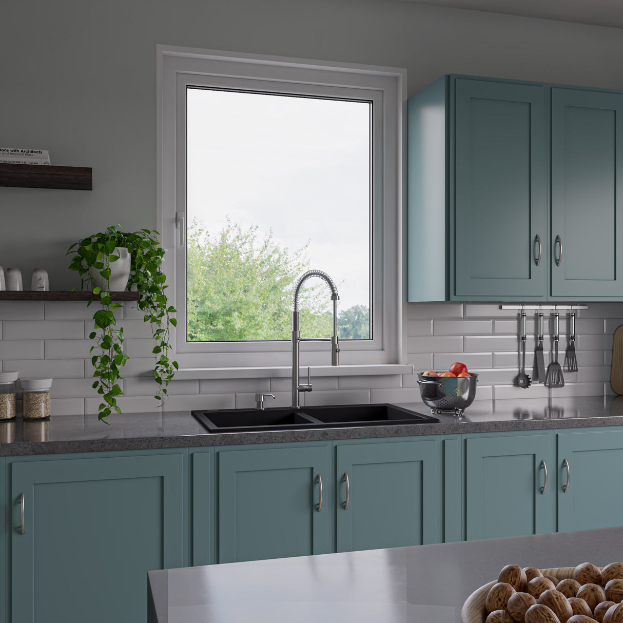 ALFI brand AB3420DI-BLA Black 34" Drop-In Double Bowl Granite Composite Kitchen Sink