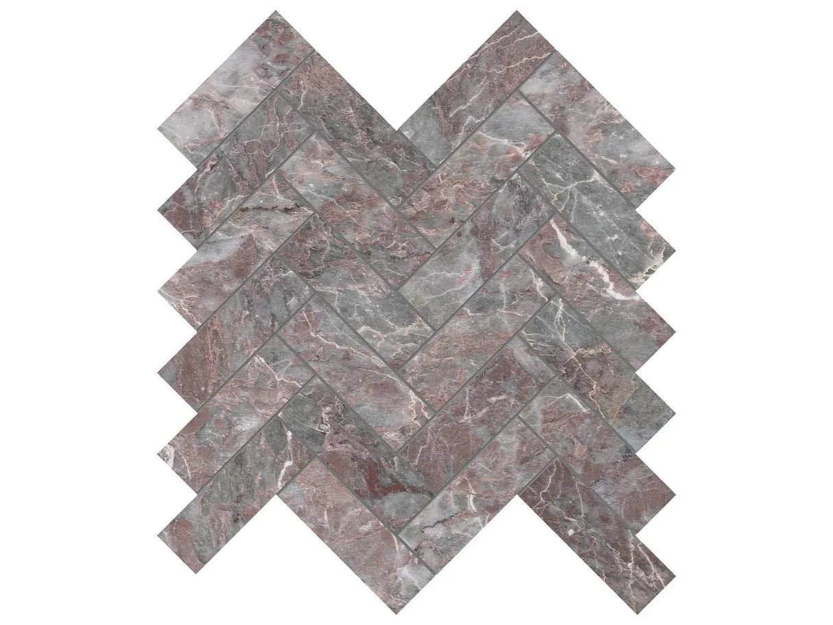 Anatolia Tile 1.25X4 Sereno Burgundy Herringbone Honed Marble Mosaic 5001-0312-0 * 1 Sheet = .89 Sqft * Sereno Burgundy Herringbone - premium natural stone mosaic tile from Anatolia Tile, available at PoshHaus showroom in Keene, NH