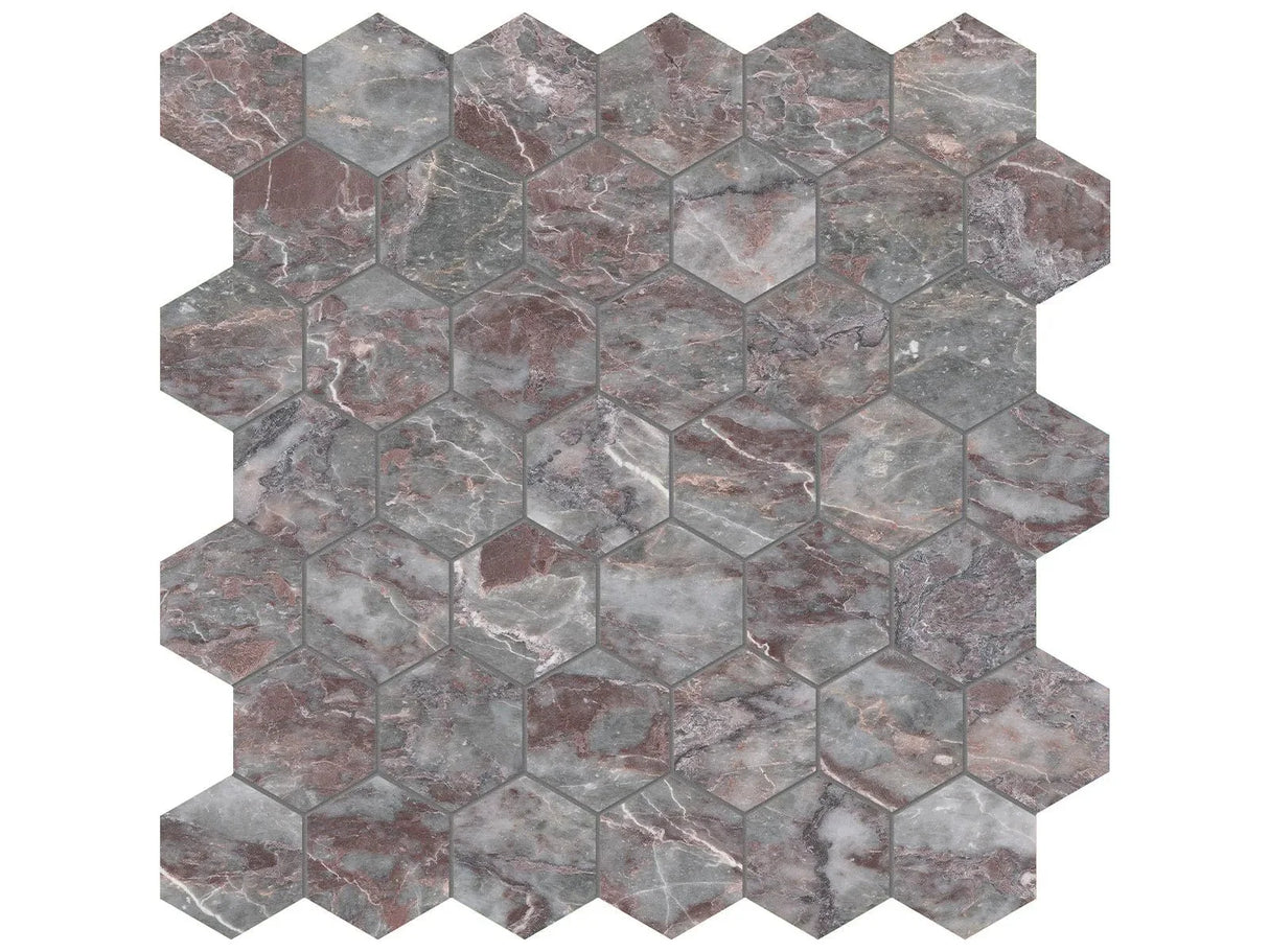 Anatolia Tile 2" Hex Sereno Burgundy Honed Marble Mosaic 5001-0311-0 * 1 Sheet = .99 Sqft * Sereno Burgundy Hexagon 2" - premium natural stone mosaic tile from Anatolia Tile, available at PoshHaus showroom in Keene, NH