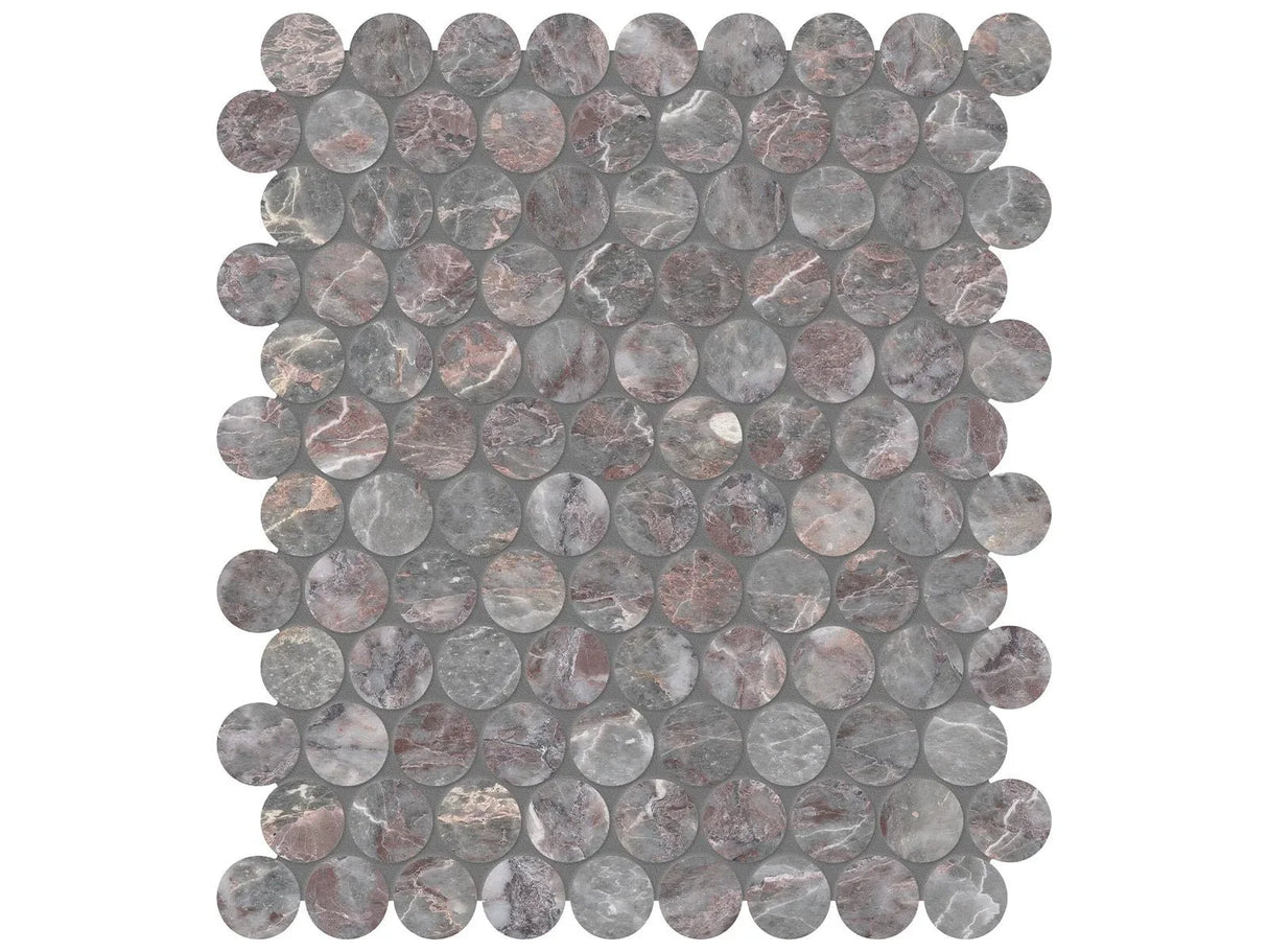 Anatolia Tile 1.25" Sereno Burgundy Penny Round Honed Marble Mosaic 5001-0314-0 * 1 Sheet = .99 Sqft * Sereno Burgundy Penny Round - premium natural stone mosaic tile from Anatolia Tile, available at PoshHaus showroom in Keene, NH