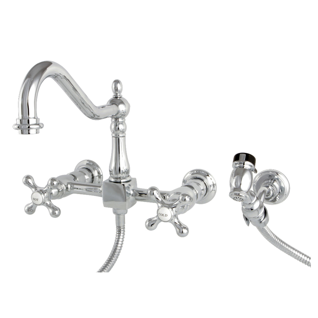 Kingston Brass KS1241AXBS Heritage Wall Mount Bridge Kitchen Faucet with Brass Spray, Polished Chrome