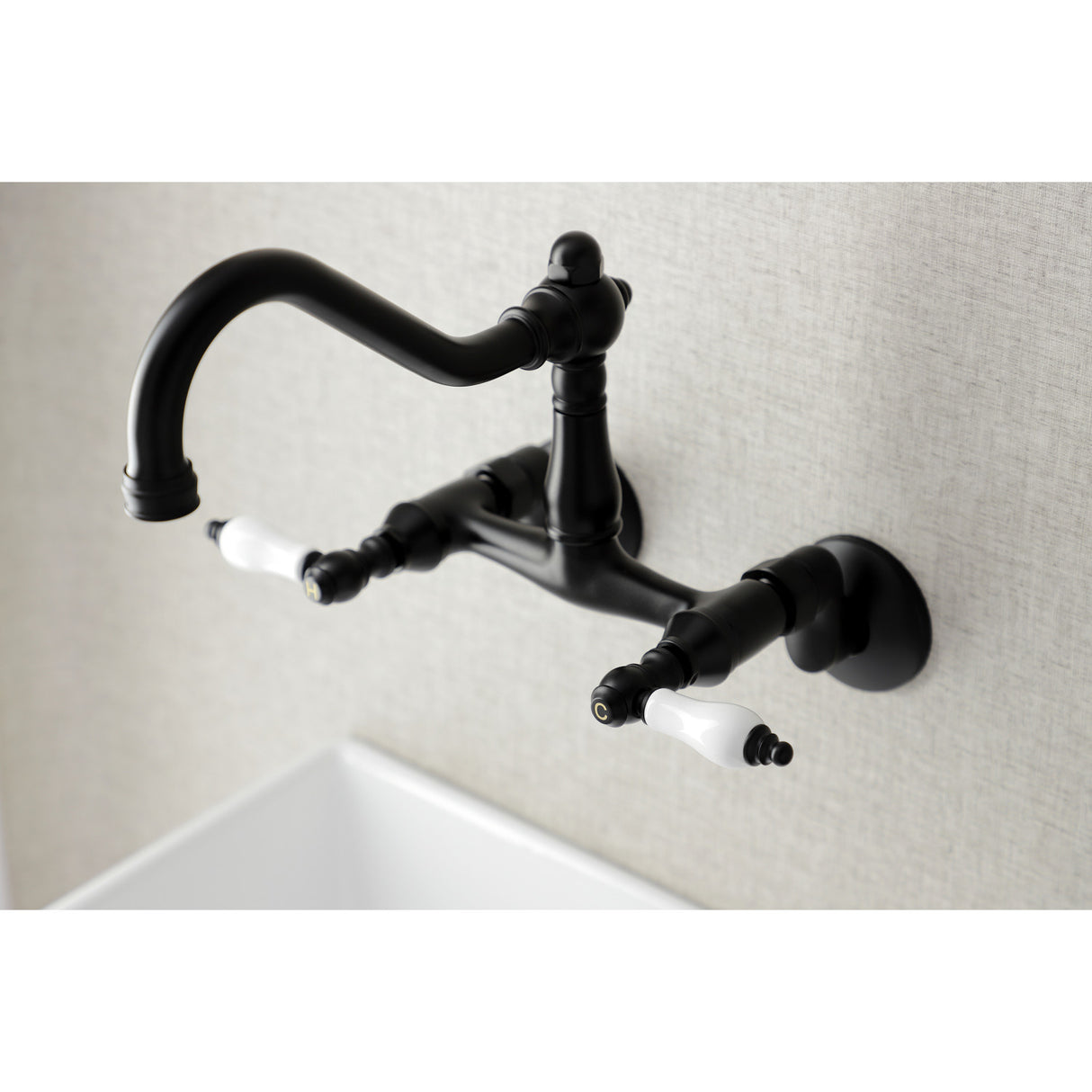 Kingston Brass KS3220PL Vintage 6" Adjustable Center Wall Mount Kitchen Faucet, Matte Black