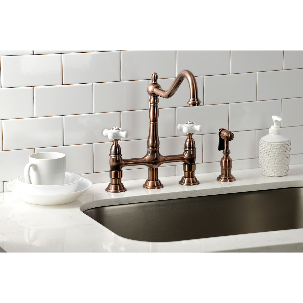 Kingston Brass KS127PXBSAC Heritage Bridge Kitchen Faucet with Brass Sprayer, Antique Copper