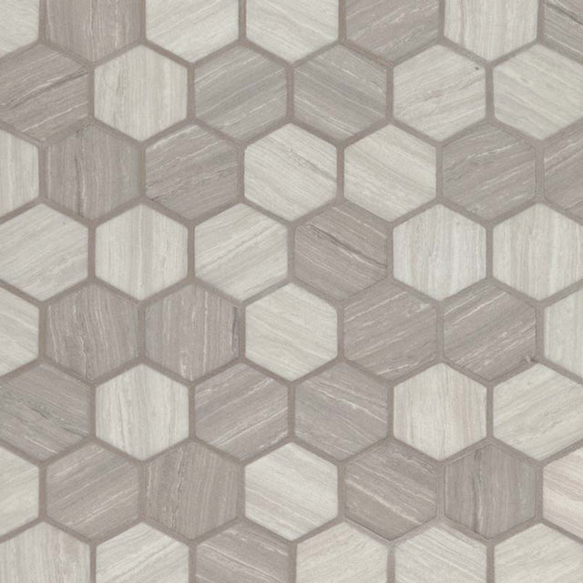 Silva oak hexagon 11.02X12.75 glass mesh mounted mosaic tile SMOT GLS SILVA6MM product shot multiple tiles angle view