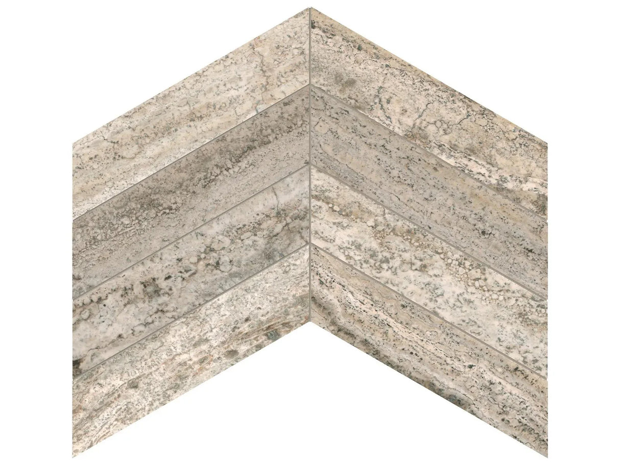 Anatolia Tile 2X6 Picket Silver Ash Travertine Filled & Honed Mosaic 5001-0316-0 * 1 Sheet = .87 Sqft * Silver Ash Chevron - premium natural stone mosaic tile from Anatolia Tile, available at PoshHaus showroom in Keene, NH