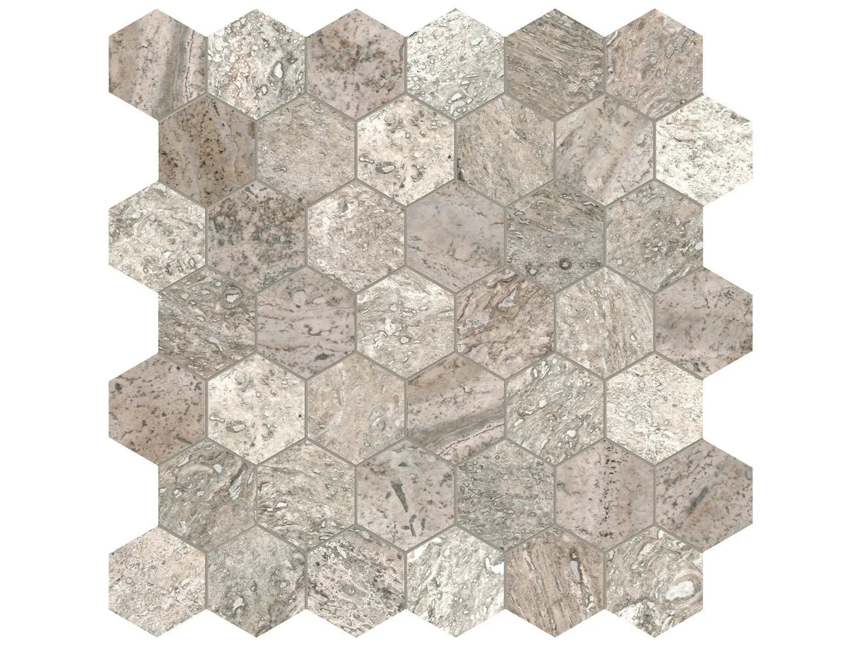 Anatolia Tile 2" Hex Silver Ash Filled & Honed Travertine Mosaic 5001-0315-0 * 1 Sheet = .99 Sqft * Silver Ash Hexagon 2" - premium natural stone mosaic tile from Anatolia Tile, available at PoshHaus showroom in Keene, NH