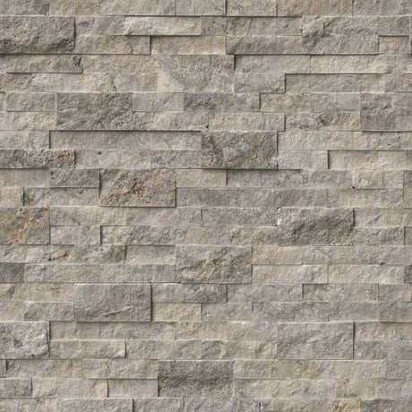 Silver splitface ledger panel 6X24 natural travertine wall tile LPNLTSIL624 product shot multiple tiles angle view