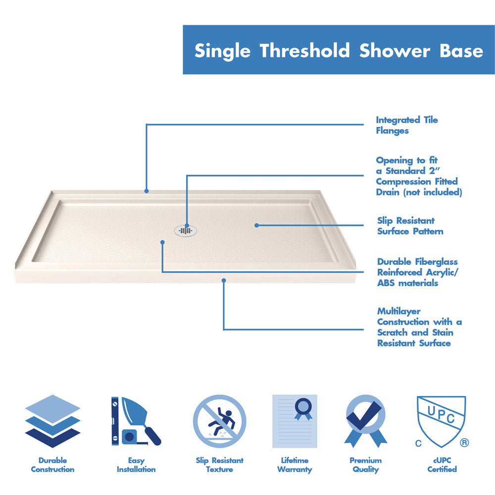 DreamLine Visions 32 in. D x 60 in. W x 74 3/4 in. H Sliding Shower Door in Brushed Nickel with Center Drain Biscuit Shower Base