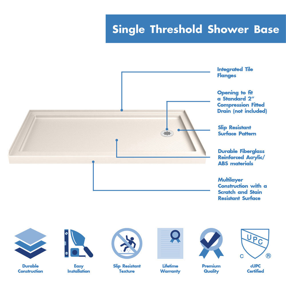 DreamLine Flex 34 in. D x 60 in. W x 74 3/4 in. H Semi-Frameless Shower Door in Brushed Nickel with Right Drain Biscuit Base Kit