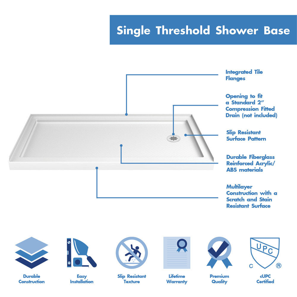 DreamLine Flex 34 in. D x 60 in. W x 76 3/4 in. H Semi-Frameless Shower Door in Brushed Nickel with Right Drain Base and Wall Kit