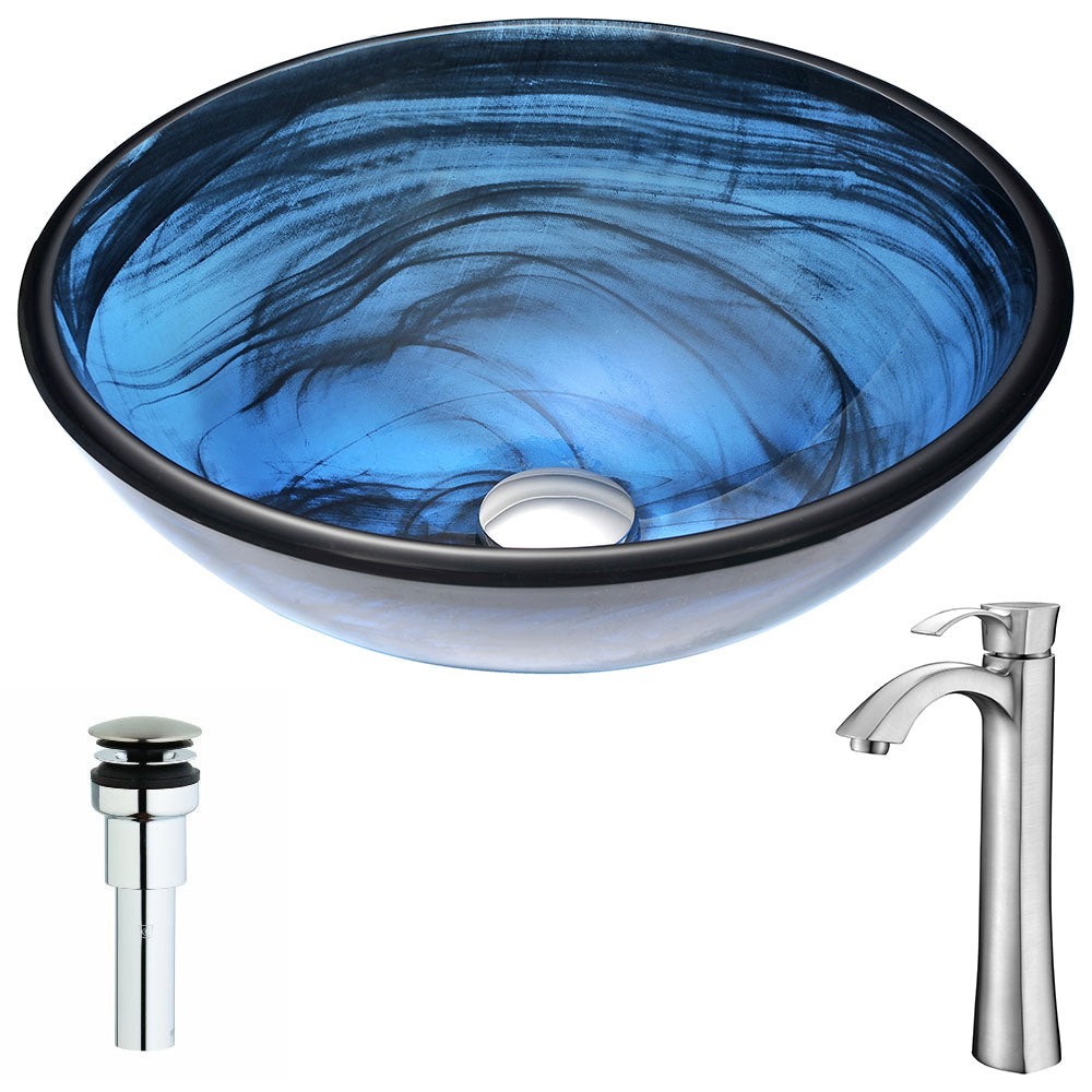 ANZZI LSAZ048-095B Soave Series Deco-Glass Vessel Sink in Sapphire Wisp with Harmony Faucet in Brushed Nickel