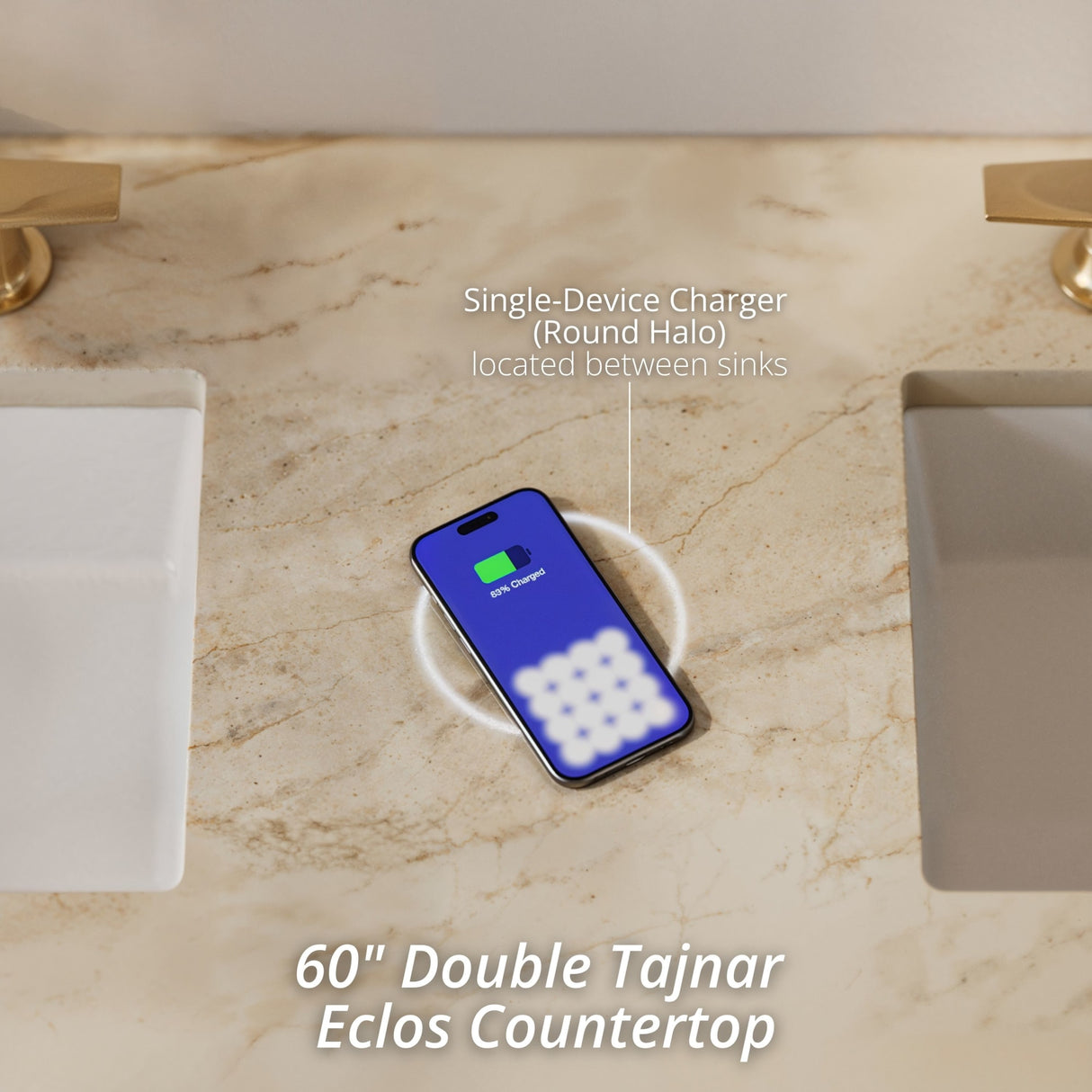 Hudson 60" Double Vanity, Honey Oak w/ 3 CM Tajnar Eclos Top w/FreePower Wireless Charger