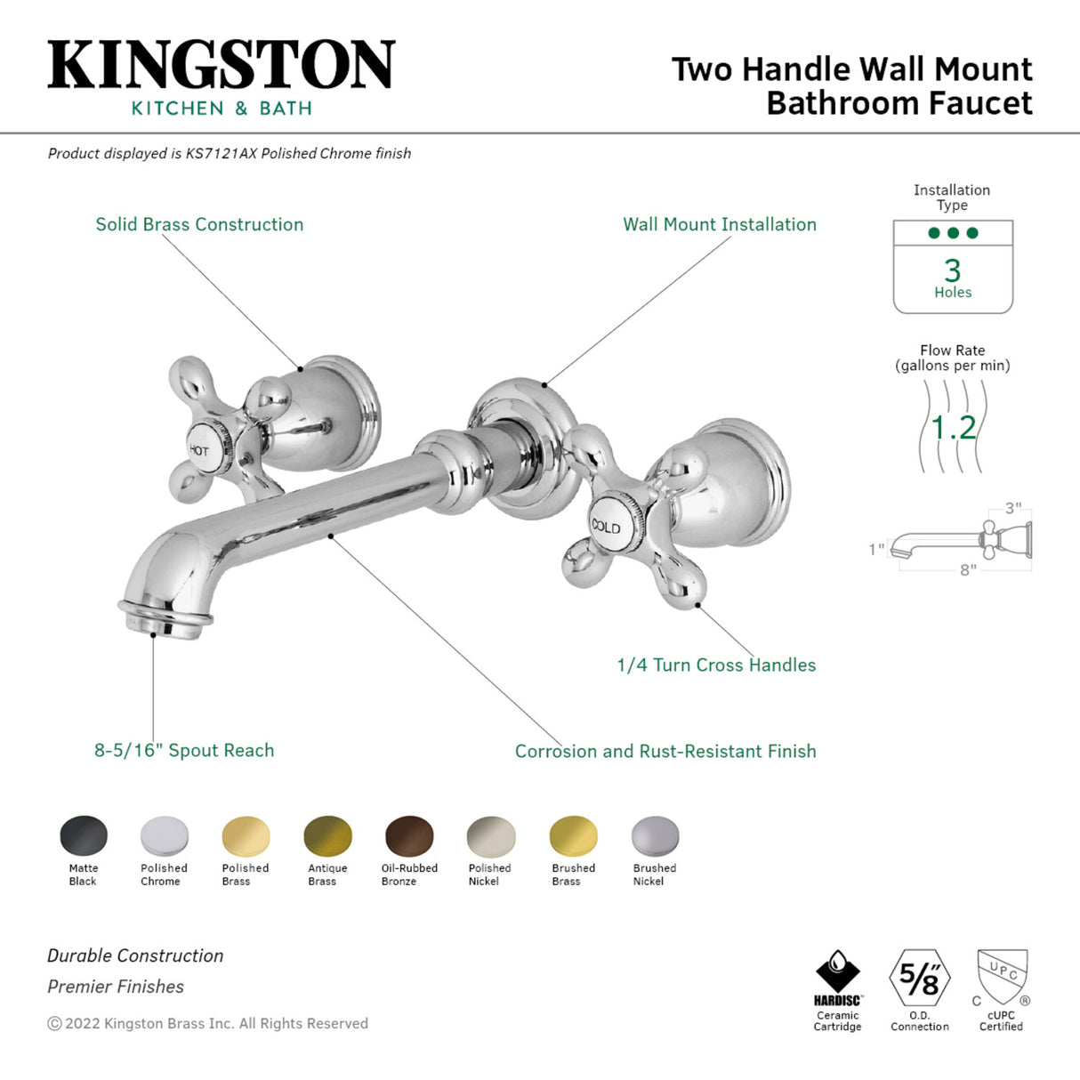 Kingston Brass KS7122AX English Country Two-Handle Wall Mount Bathroom Faucet, Polished Brass