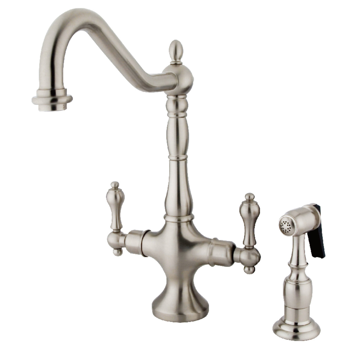 Kingston Brass KS1778ALBS Heritage 2-Handle Kitchen Faucet with Brass Sprayer, Brushed Nickel
