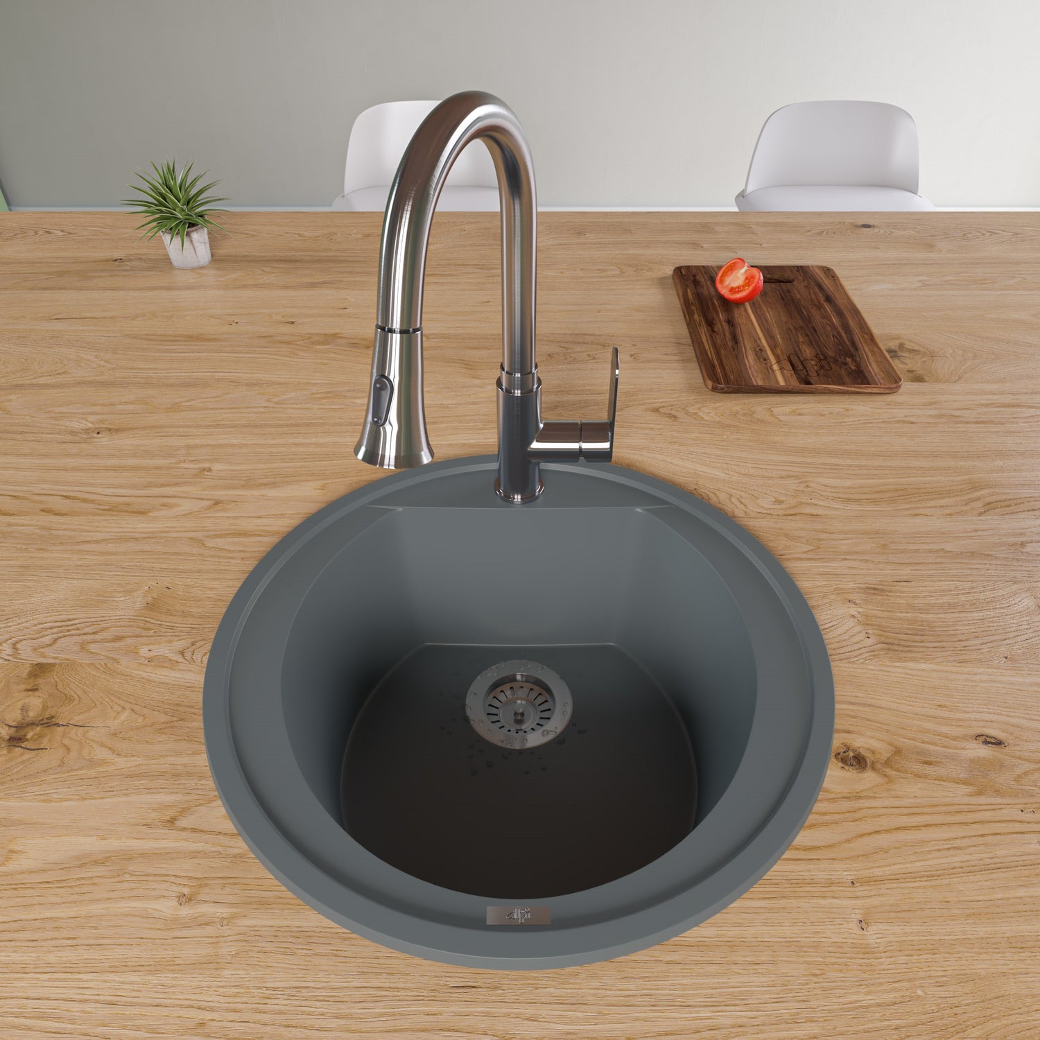 ALFI brand AB2020DI-T Titanium 20" Drop-In Round Granite Composite Kitchen Prep Sink