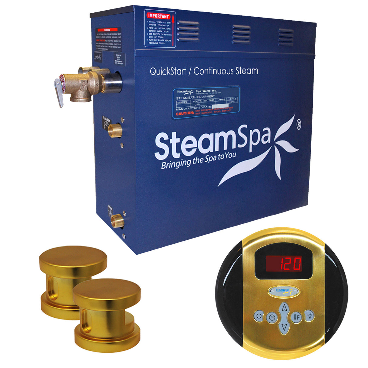 SteamSpa Oasis 12 KW QuickStart Acu-Steam Bath Generator Package in Polished Gold OA1200GD