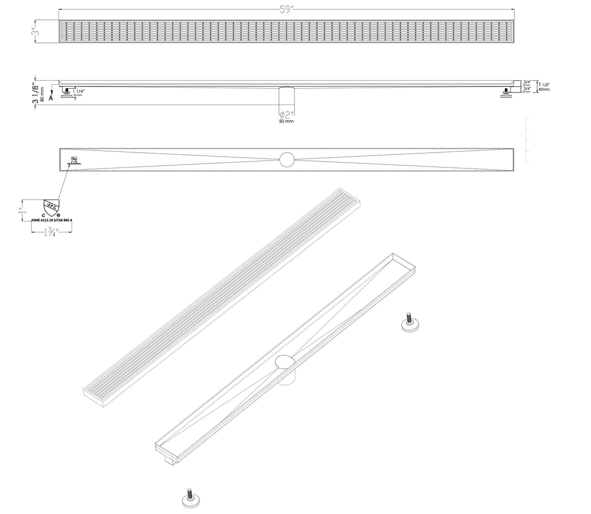 ALFI brand 59" Stainless Steel Linear Shower Drain with Groove Lines