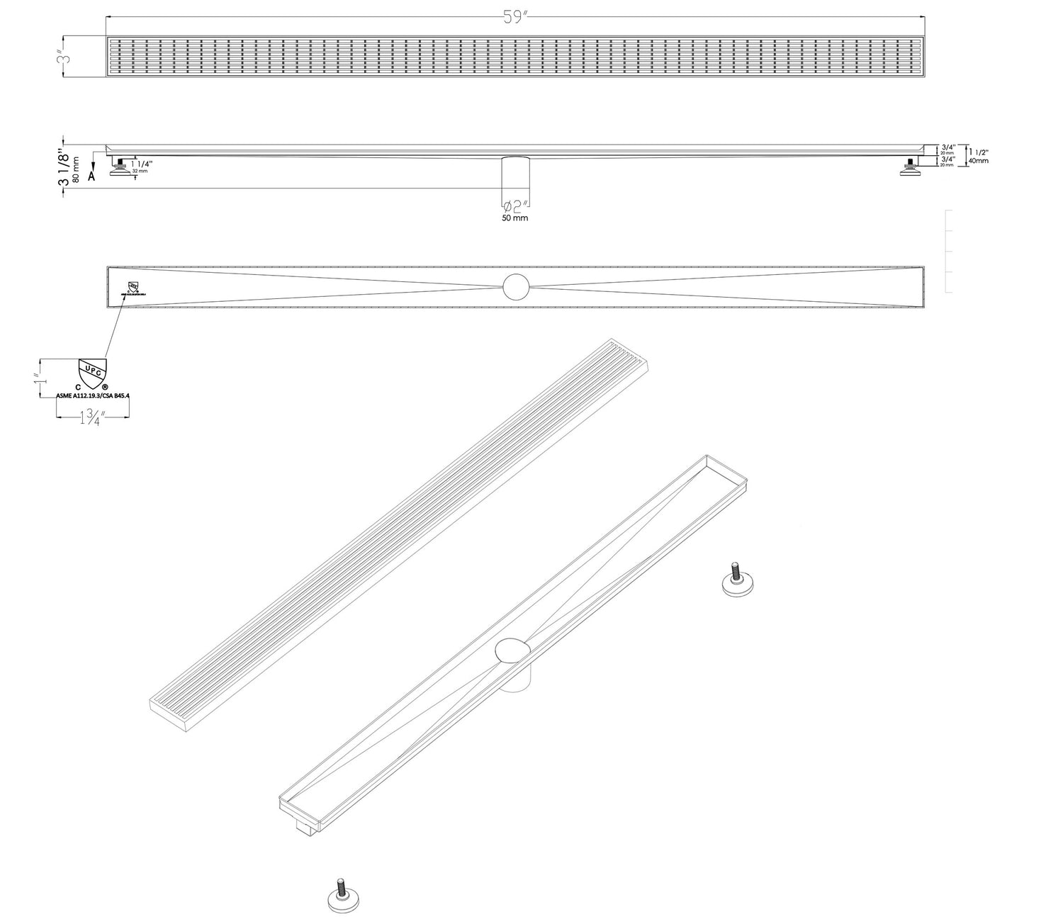 ALFI brand 59" Stainless Steel Linear Shower Drain with Groove Lines