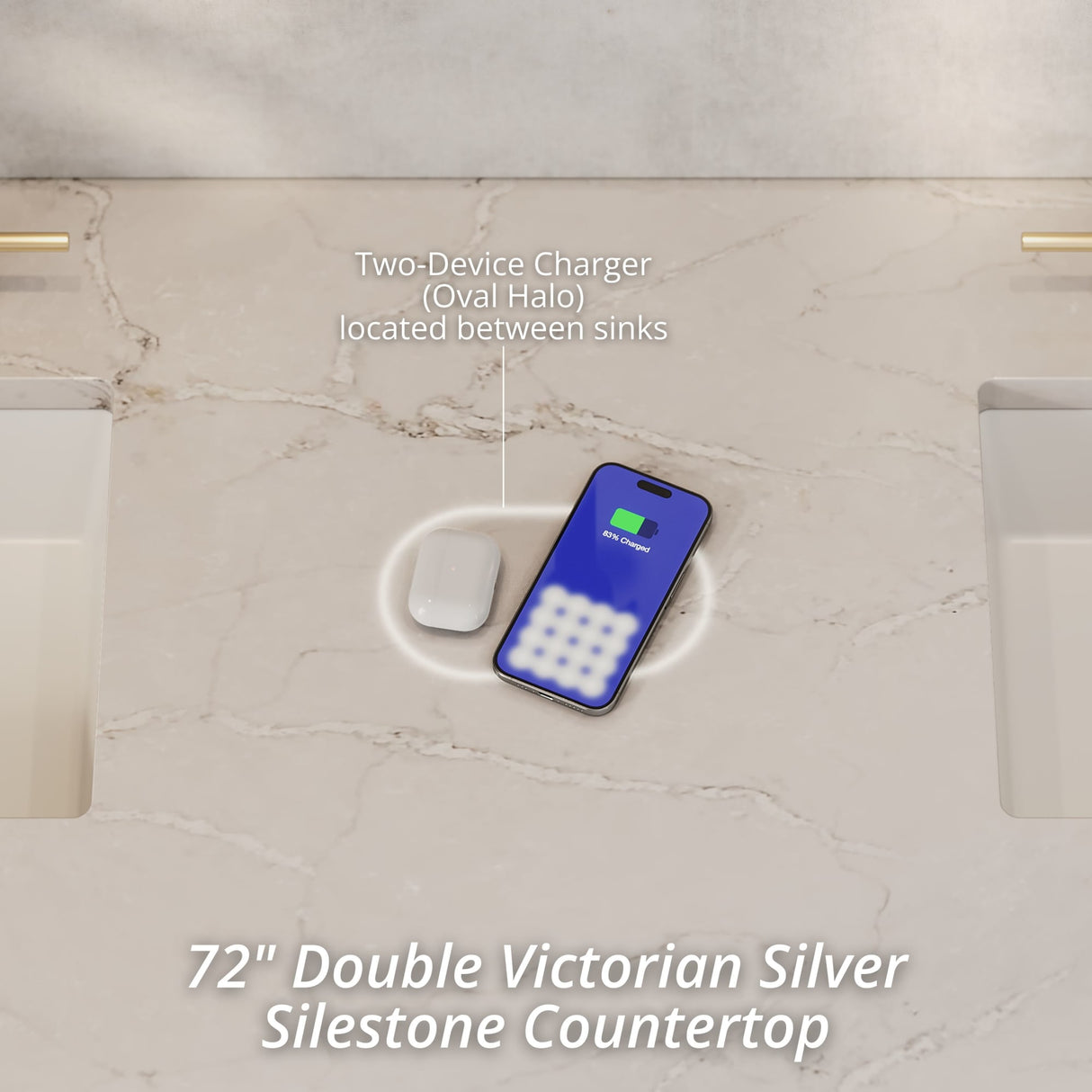 Bristol 72" Double Vanity, Whitewashed Walnut w/ 3 CM Victorian Silver Silestone Top w/FreePower Wireless Charger