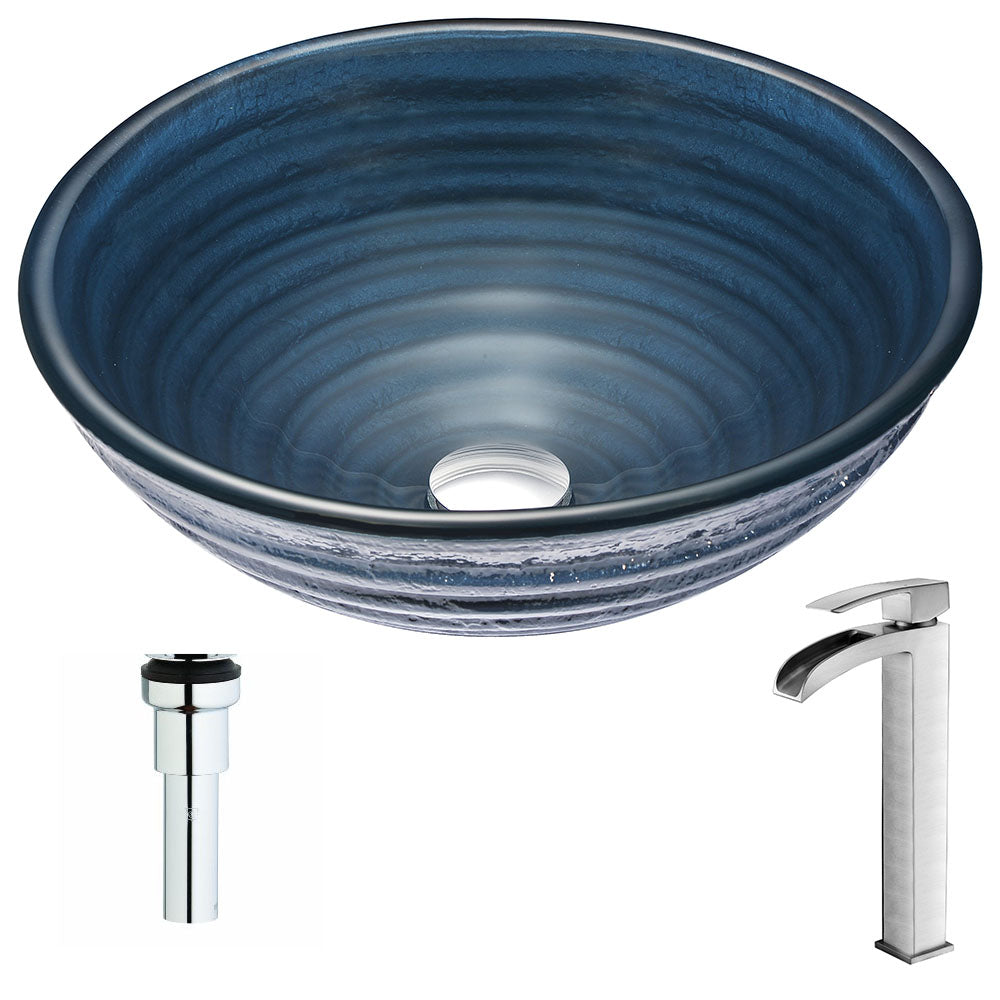 ANZZI LSAZ042-097B Tempo Series Deco-Glass Vessel Sink in Coiled Blue with Key Faucet in Brushed Nickel