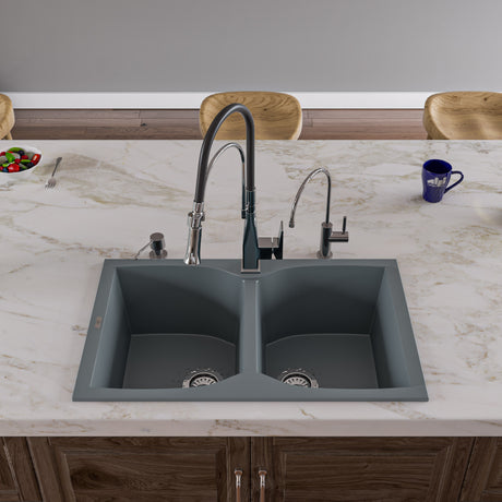 ALFI brand AB3220DI-T Titanium 32" Drop-In Double Bowl Granite Composite Kitchen Sink